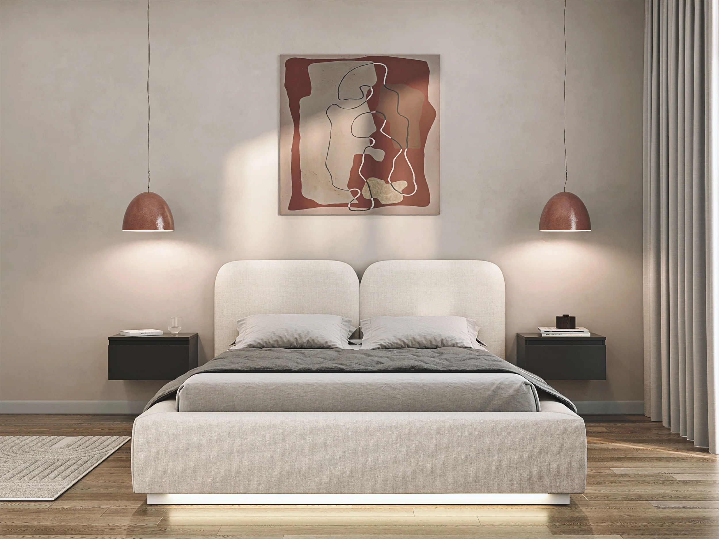 Łóżko tapicerowane 160x200 cm Comoves z pojemnikiem i oświetleniem LED stelaż metalowy kremowe szenil - Image 3