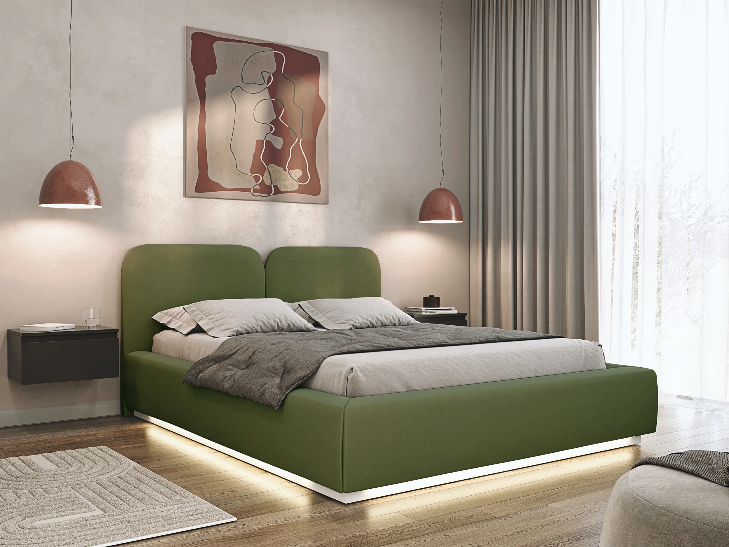 Łóżko tapicerowane 160x200 cm Comoves z pojemnikiem i oświetleniem LED stelaż metalowy oliwkowe welur - Image 2