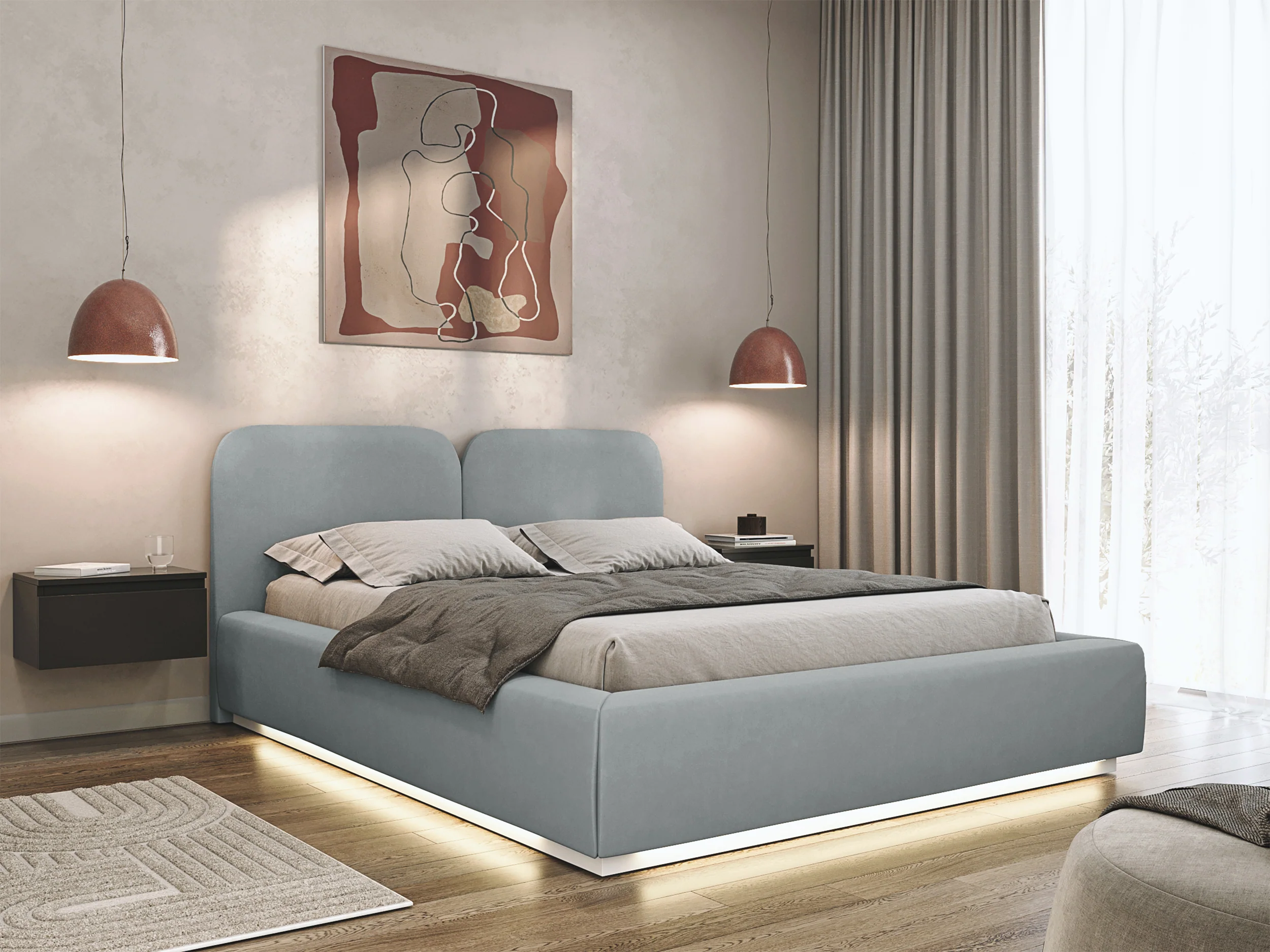 Łóżko tapicerowane 160x200 cm Comoves z pojemnikiem i oświetleniem LED stelaż metalowy szare welur - Image 2