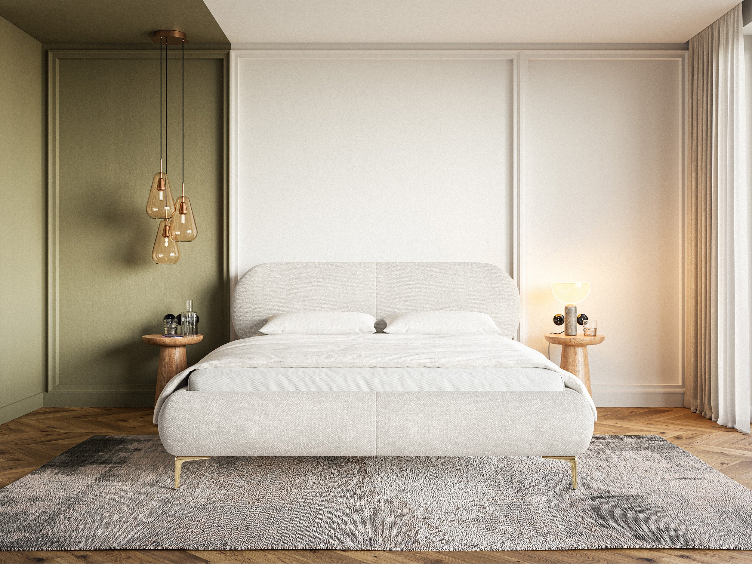 Łóżko tapicerowane 160x200 cm Ovalle z pojemnikiem stelaż metalowy kremowe szenil nóżki złote - Image 2