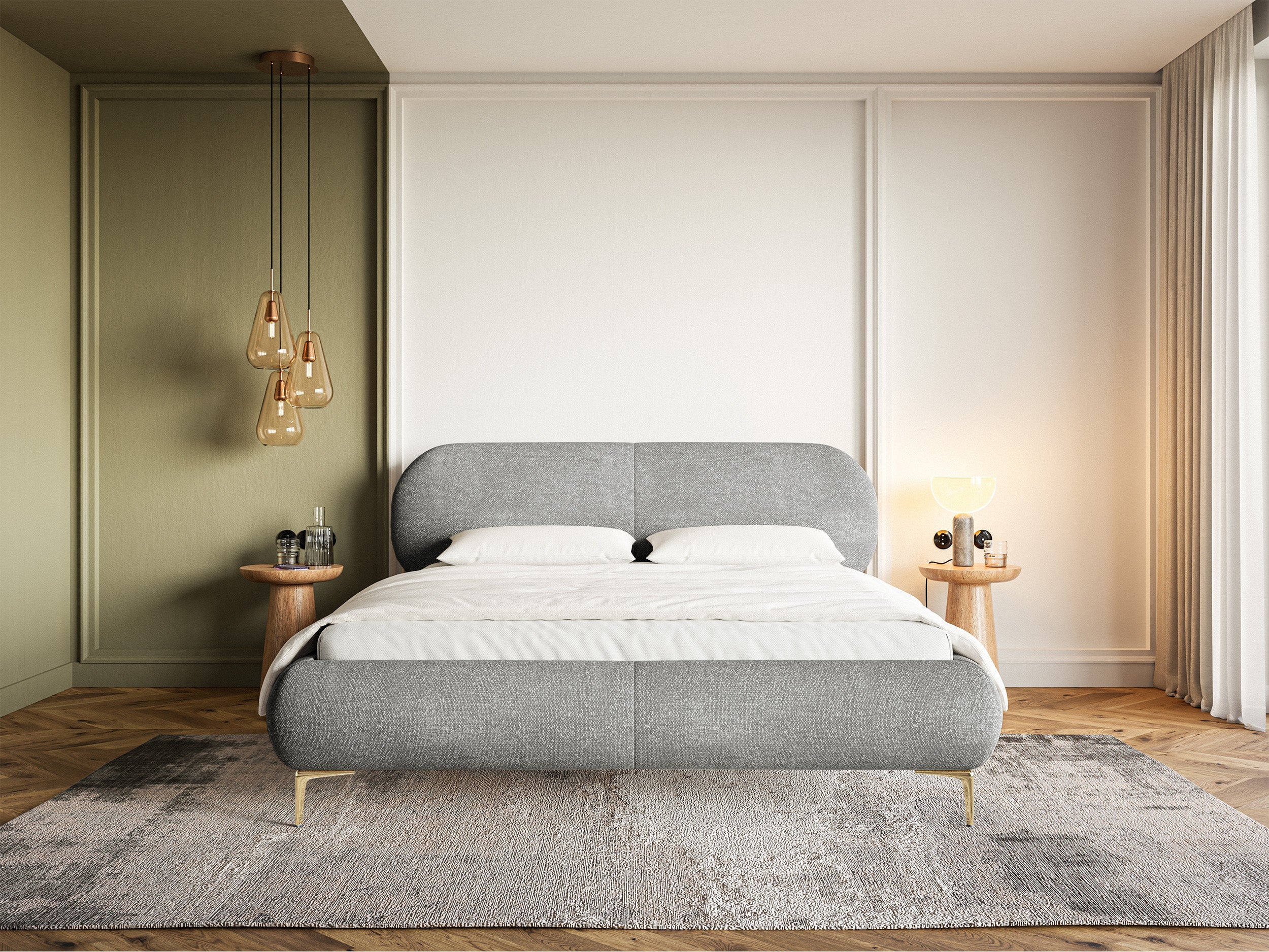 Łóżko tapicerowane 160x200 cm Ovalle z pojemnikiem stelaż metalowy szare szenil nóżki złote - Image 2