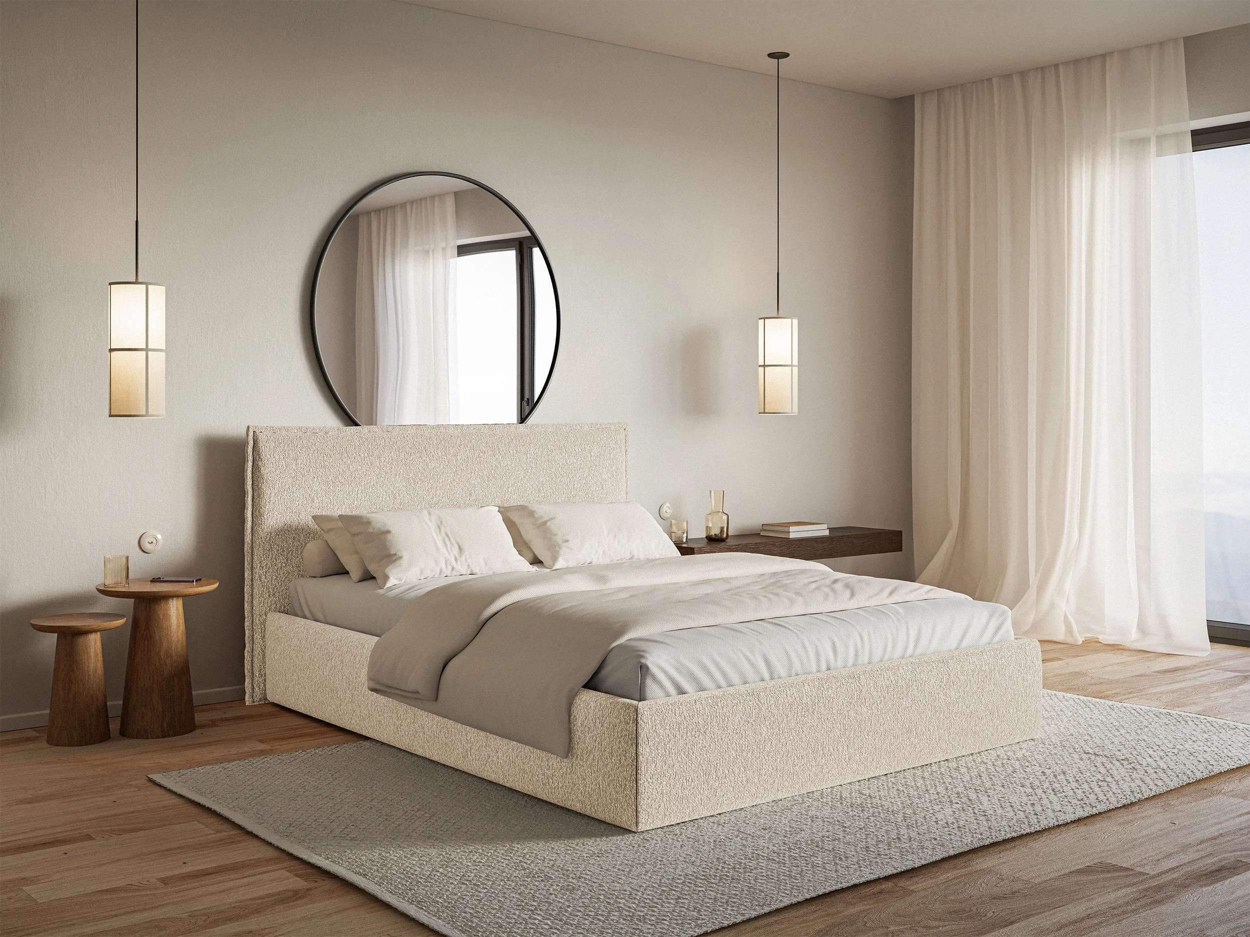 Łóżko tapicerowane 160x200 cm Softie Slim z pojemnikiem jasnobeżowe szenil stelaż metalowy - Image 2