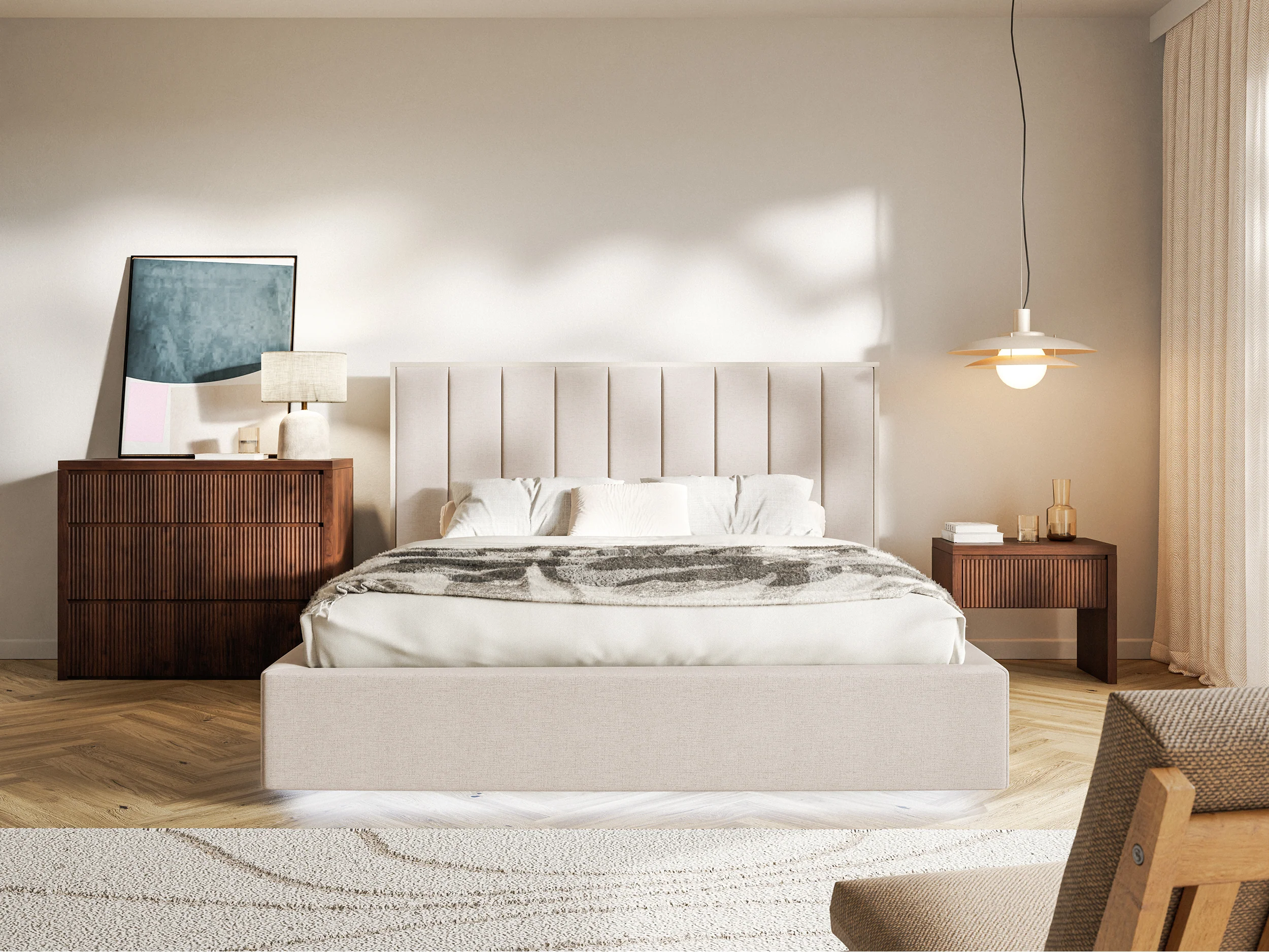 Łóżko tapicerowane 160x200 cm Togents z pojemnikiem i oświetleniem LED stelaż metalowy beżowe szenil hydrofobowy - Image 3