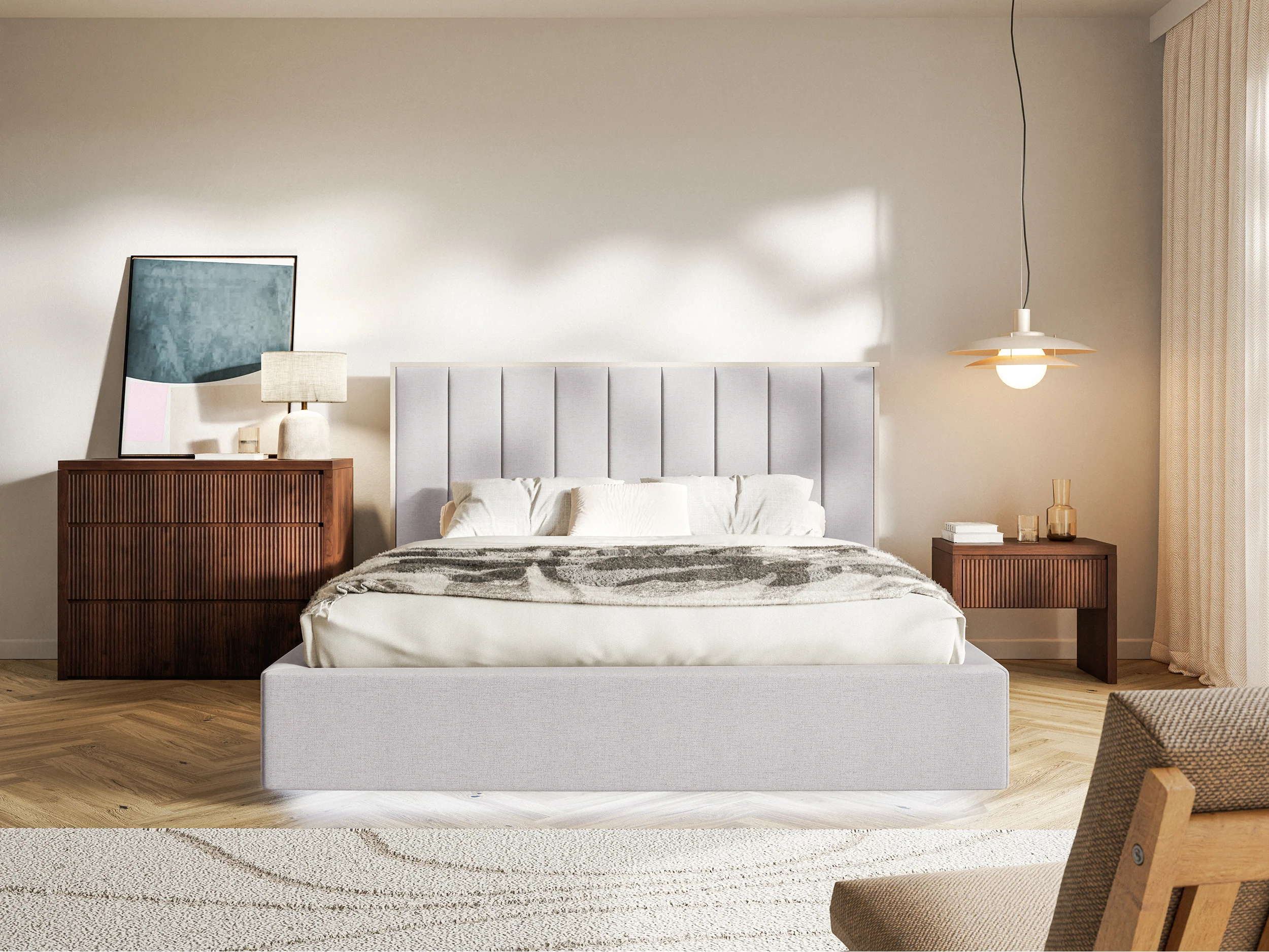 Łóżko tapicerowane 160x200 cm Togents z pojemnikiem i oświetleniem LED stelaż metalowy szare szenil hydrofobowy - Image 3
