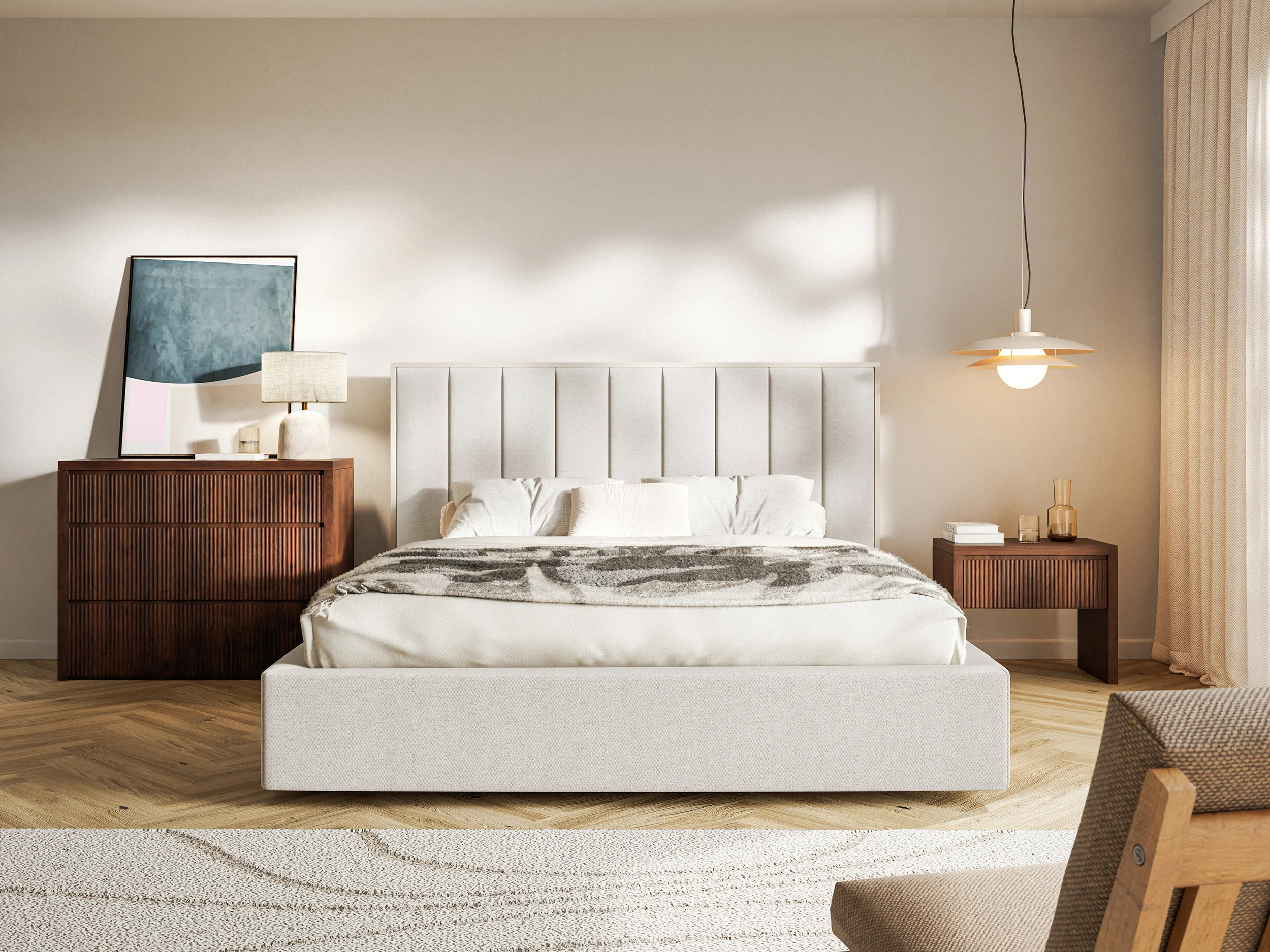 Łóżko tapicerowane 160x200 cm Togents z pojemnikiem stelaż metalowy jasnobeżowe szenil hydrofobowy - Image 3