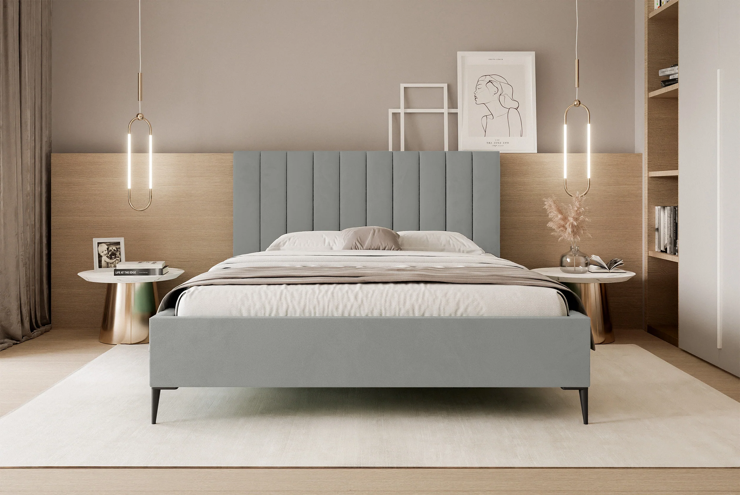 Łóżko tapicerowane 160x200 cm Veloro z pojemnikiem jasnoszare welur stelaż metalowy na wysokich nóżkach - Image 3