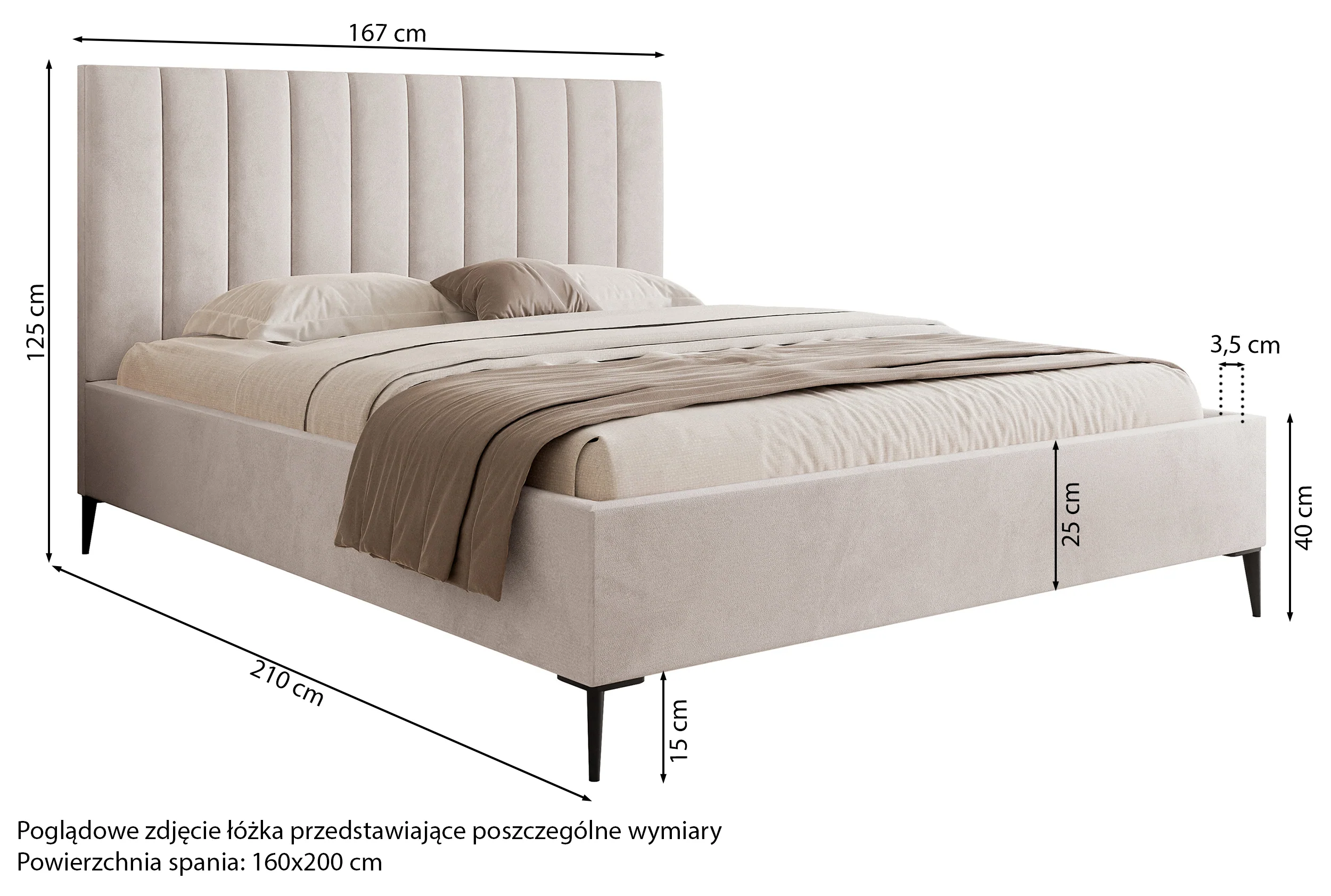 Łóżko tapicerowane 160x200 cm Veloro z pojemnikiem jasnoszare welur stelaż metalowy na wysokich nóżkach - Image 5