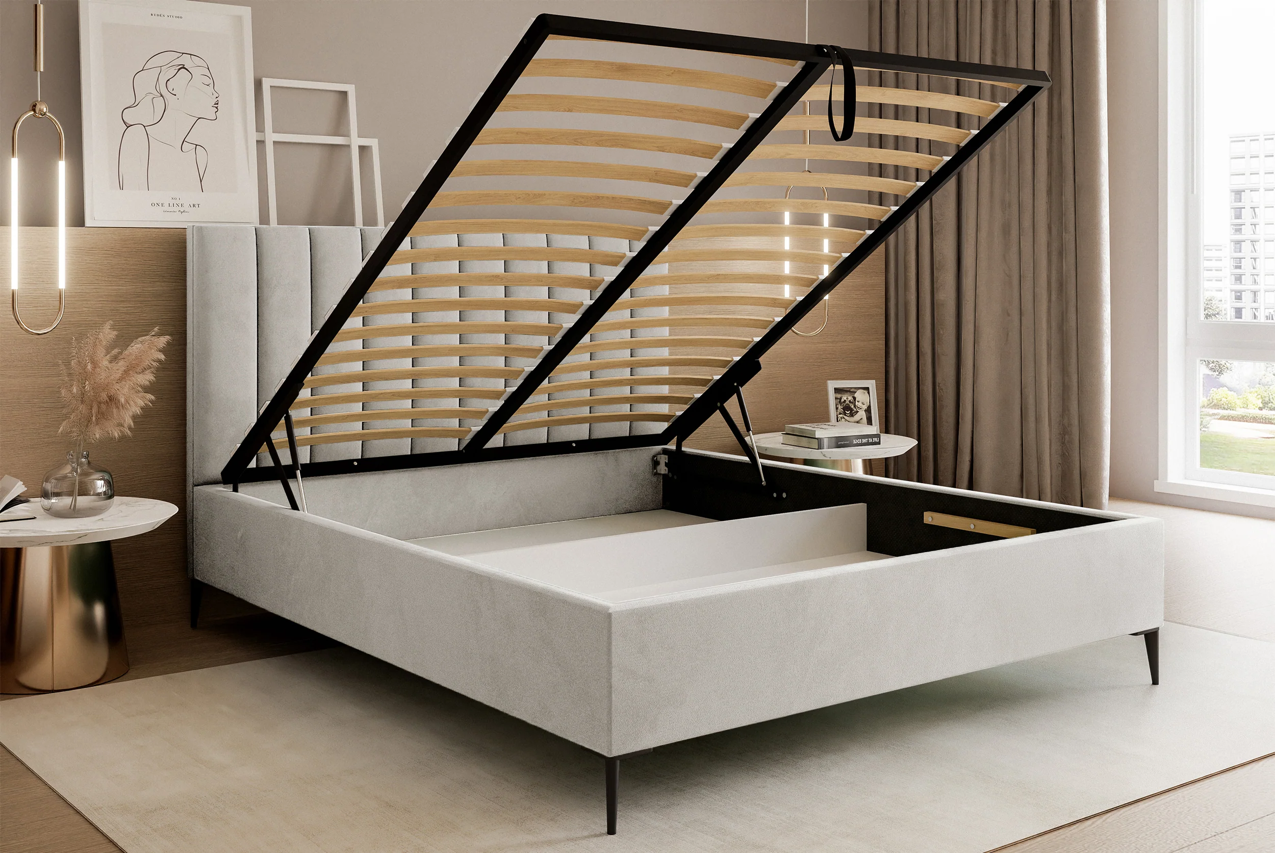 Łóżko tapicerowane 160x200 cm Veloro z pojemnikiem szarobeżowe welur stelaż metalowy na wysokich nóżkach - Image 4