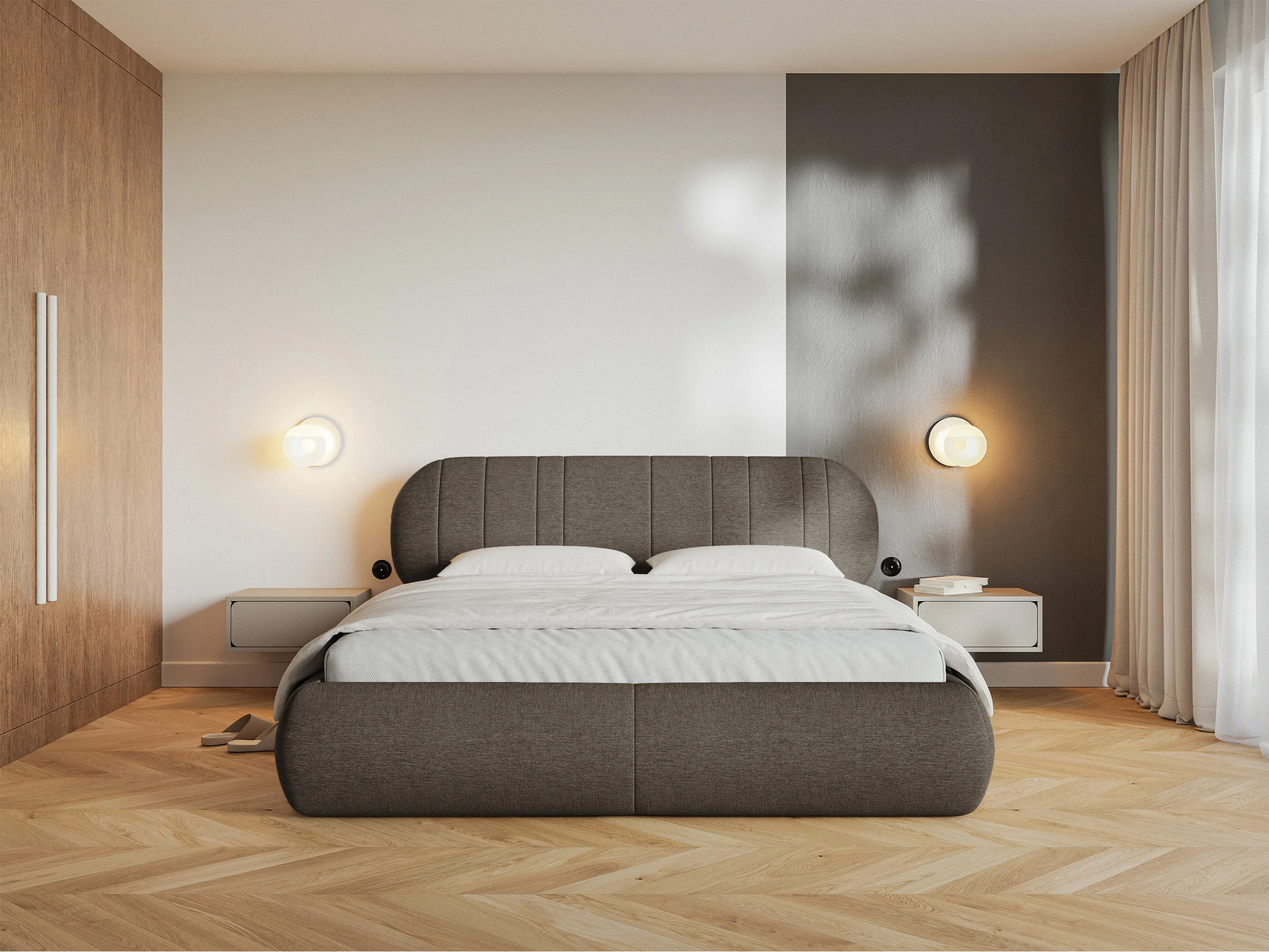Łóżko tapicerowane 180x200 cm Asmelio z pojemnikiem stelaż metalowy brązowe plecionka - Image 3