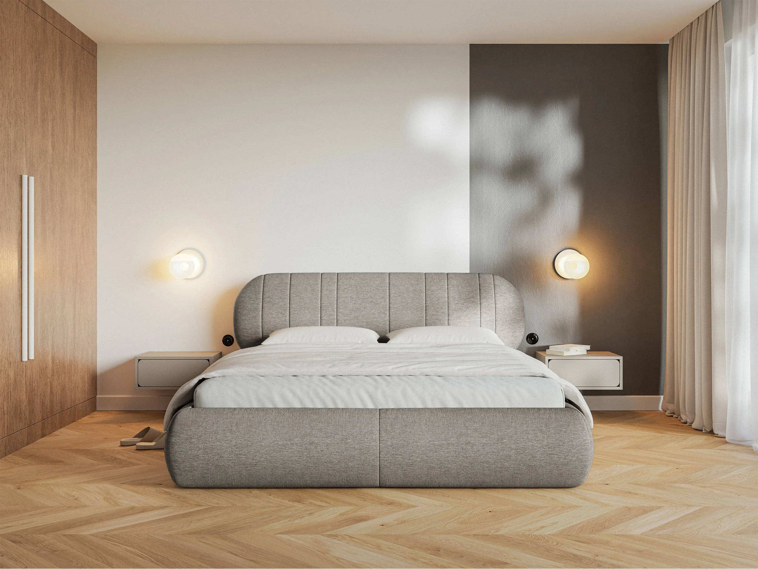 Łóżko tapicerowane 180x200 cm Asmelio z pojemnikiem stelaż metalowy szarobeżowe plecionka - Image 3