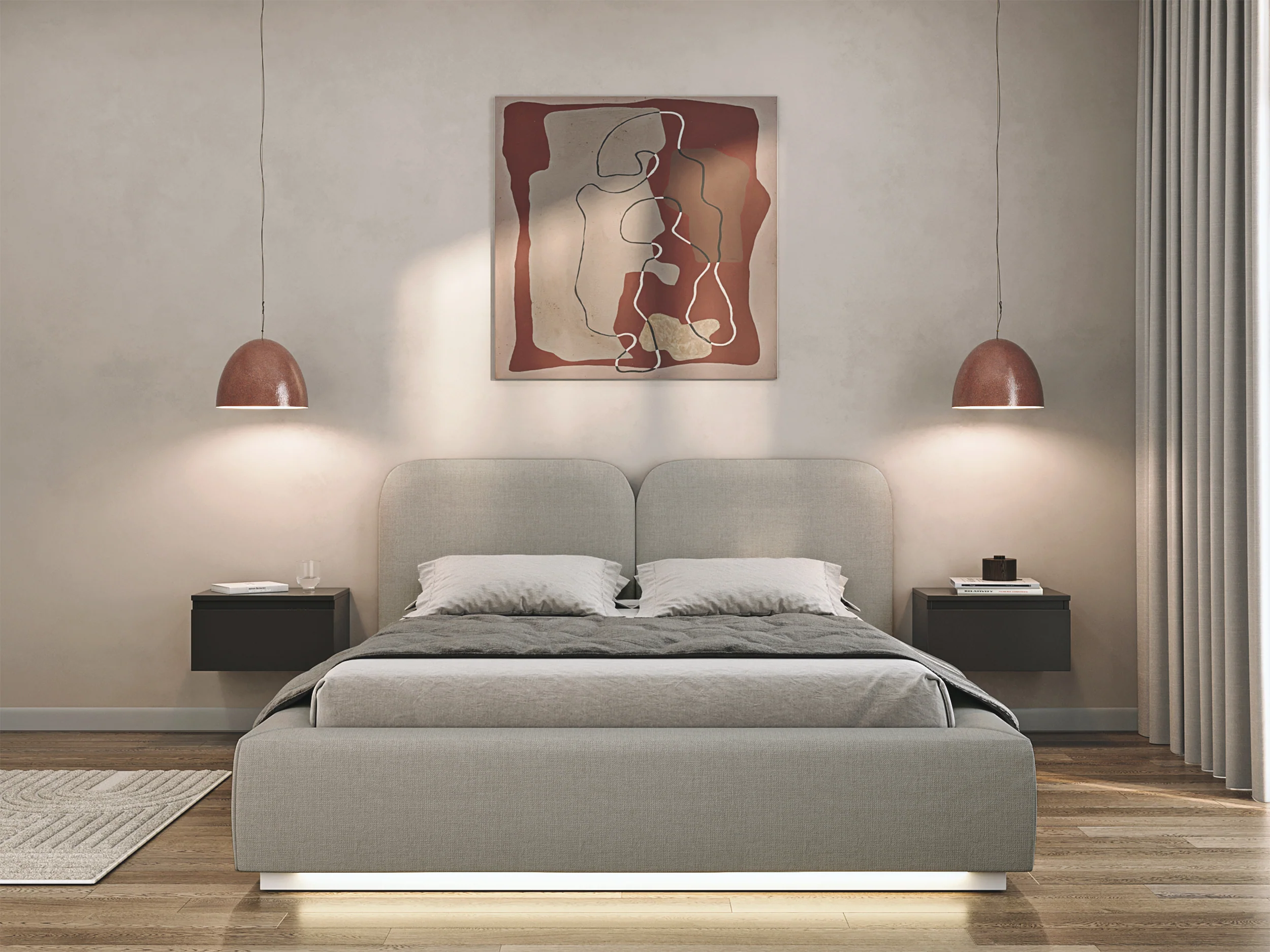 Łóżko tapicerowane 180x200 cm Comoves z oświetleniem LED ciemnobeżowe szenil - Image 3