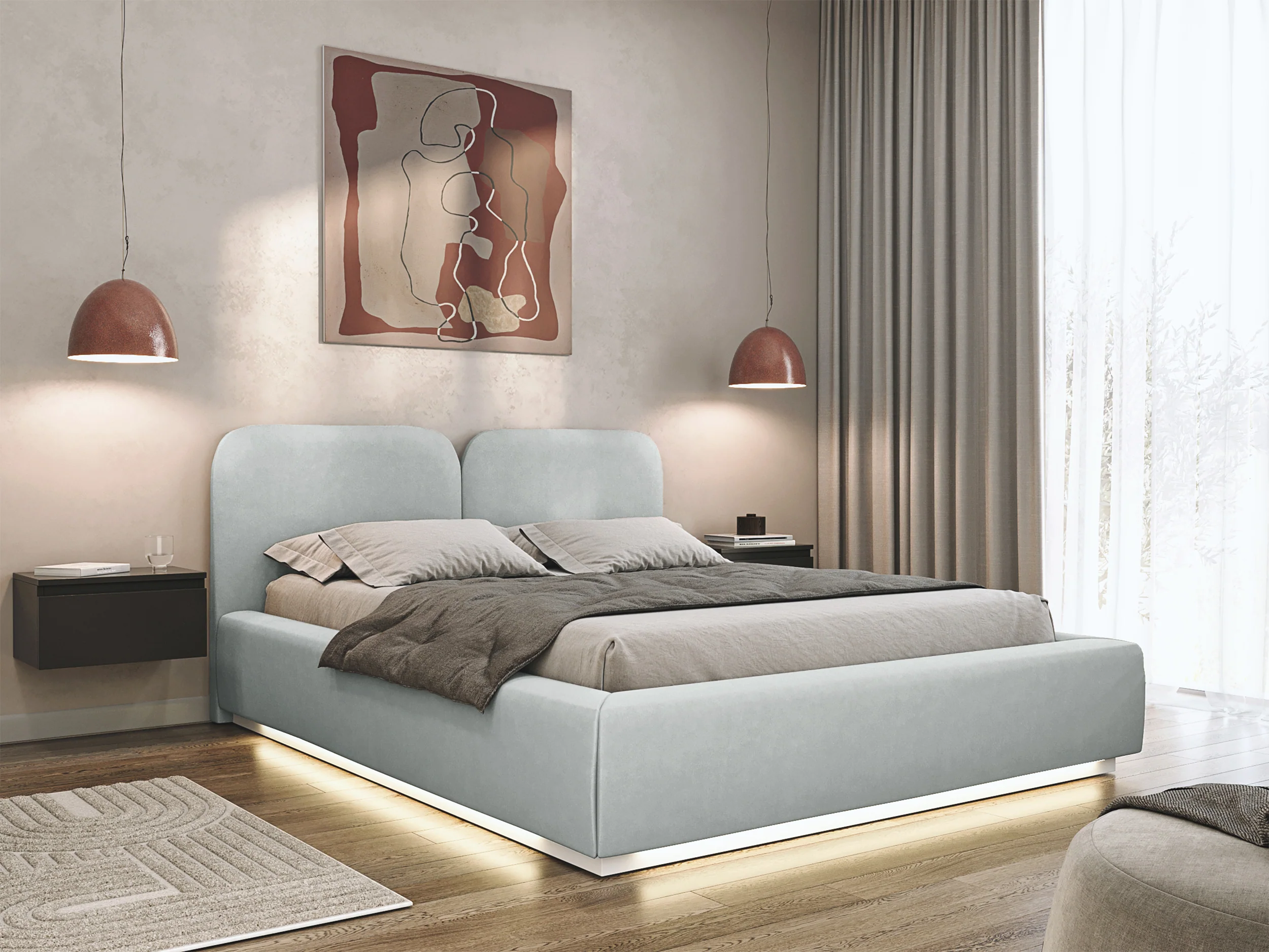 Łóżko tapicerowane 180x200 cm Comoves z oświetleniem LED jasnoszare welur - Image 2