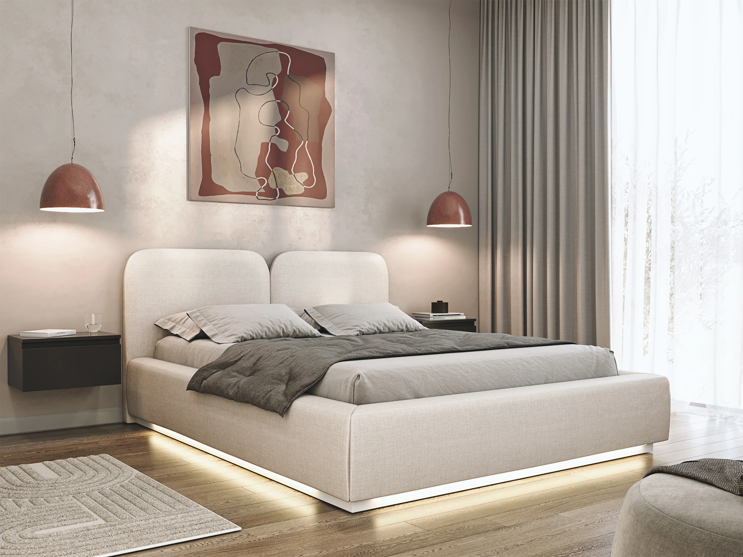 Łóżko tapicerowane 180x200 cm Comoves z oświetleniem LED kremowe szenil - Image 2