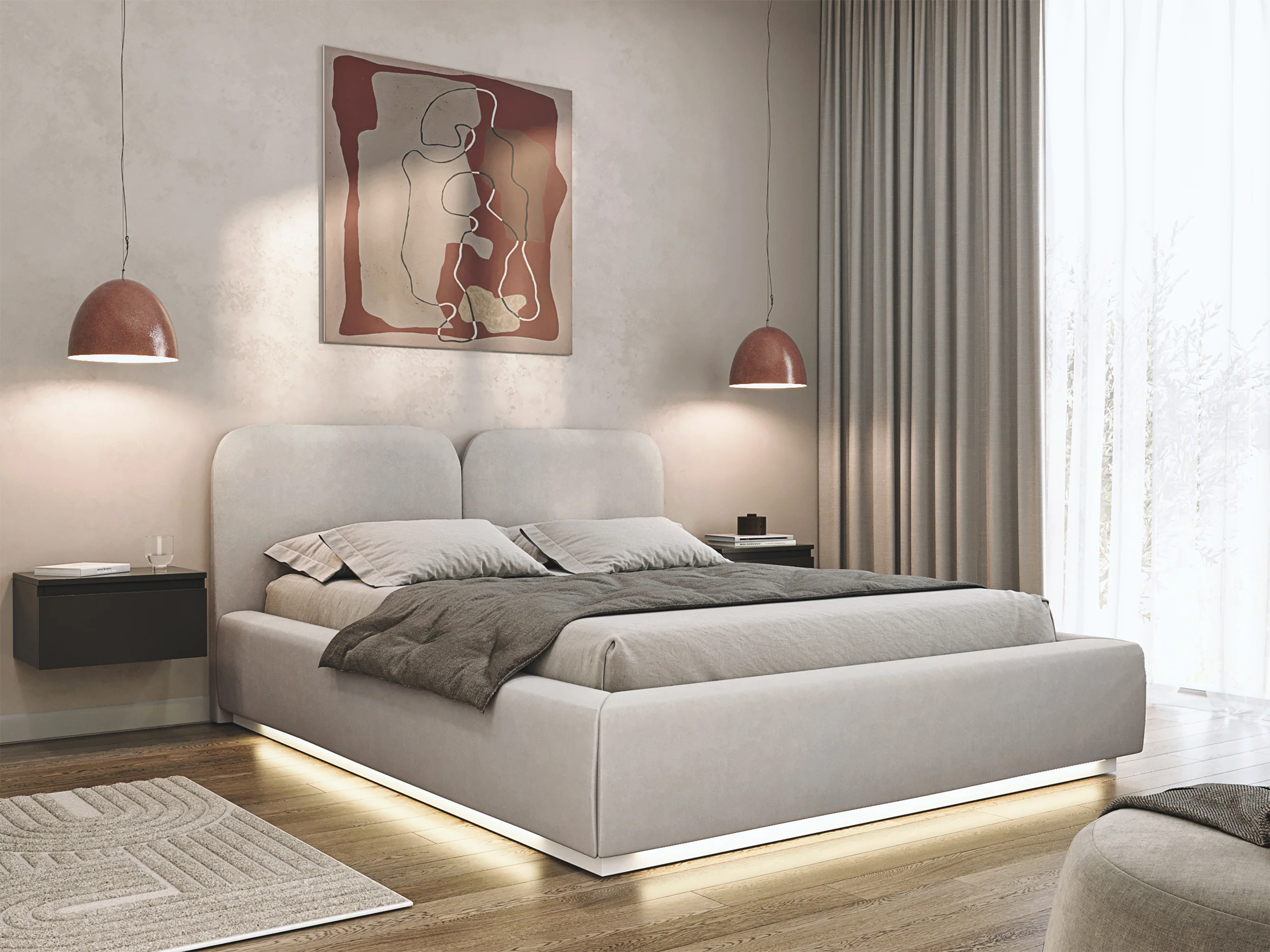 Łóżko tapicerowane 180x200 cm Comoves z oświetleniem LED szarobeżowe welur - Image 2