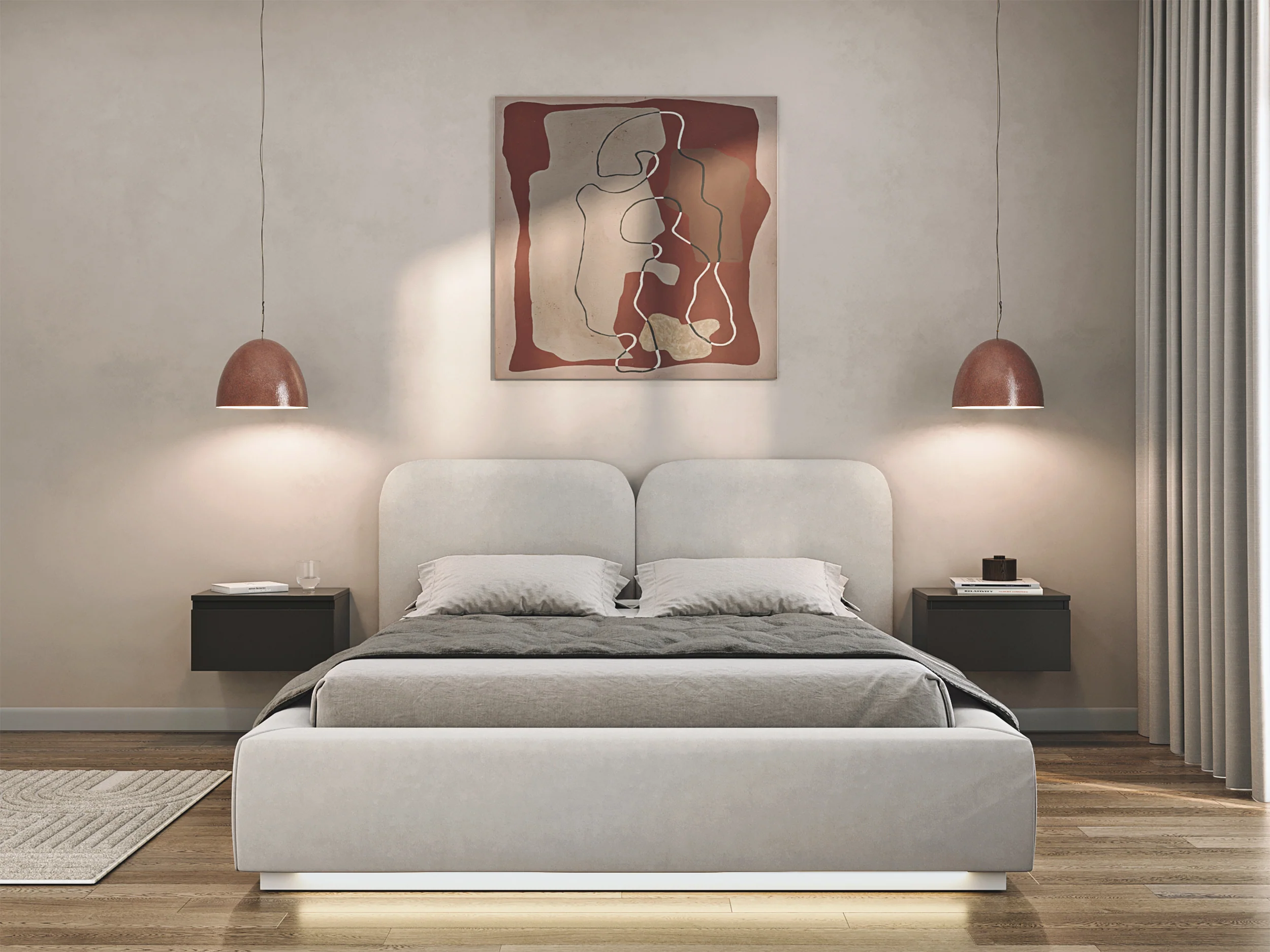 Łóżko tapicerowane 180x200 cm Comoves z oświetleniem LED szarobeżowe welur - Image 3