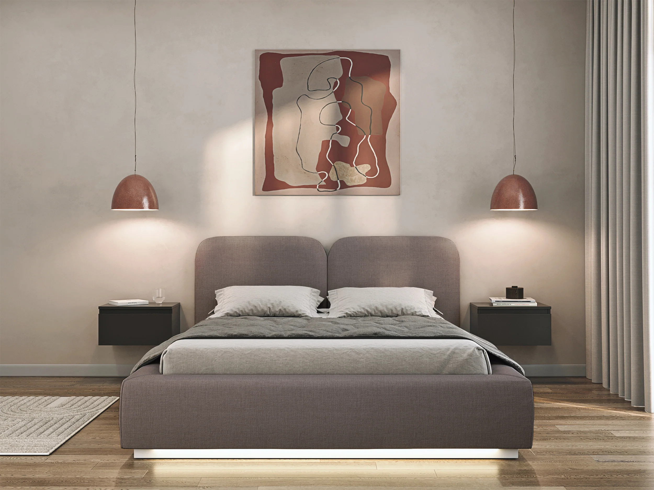 Łóżko tapicerowane 180x200 cm Comoves z pojemnikiem i oświetleniem LED stelaż metalowy brązowe szenil - Image 3