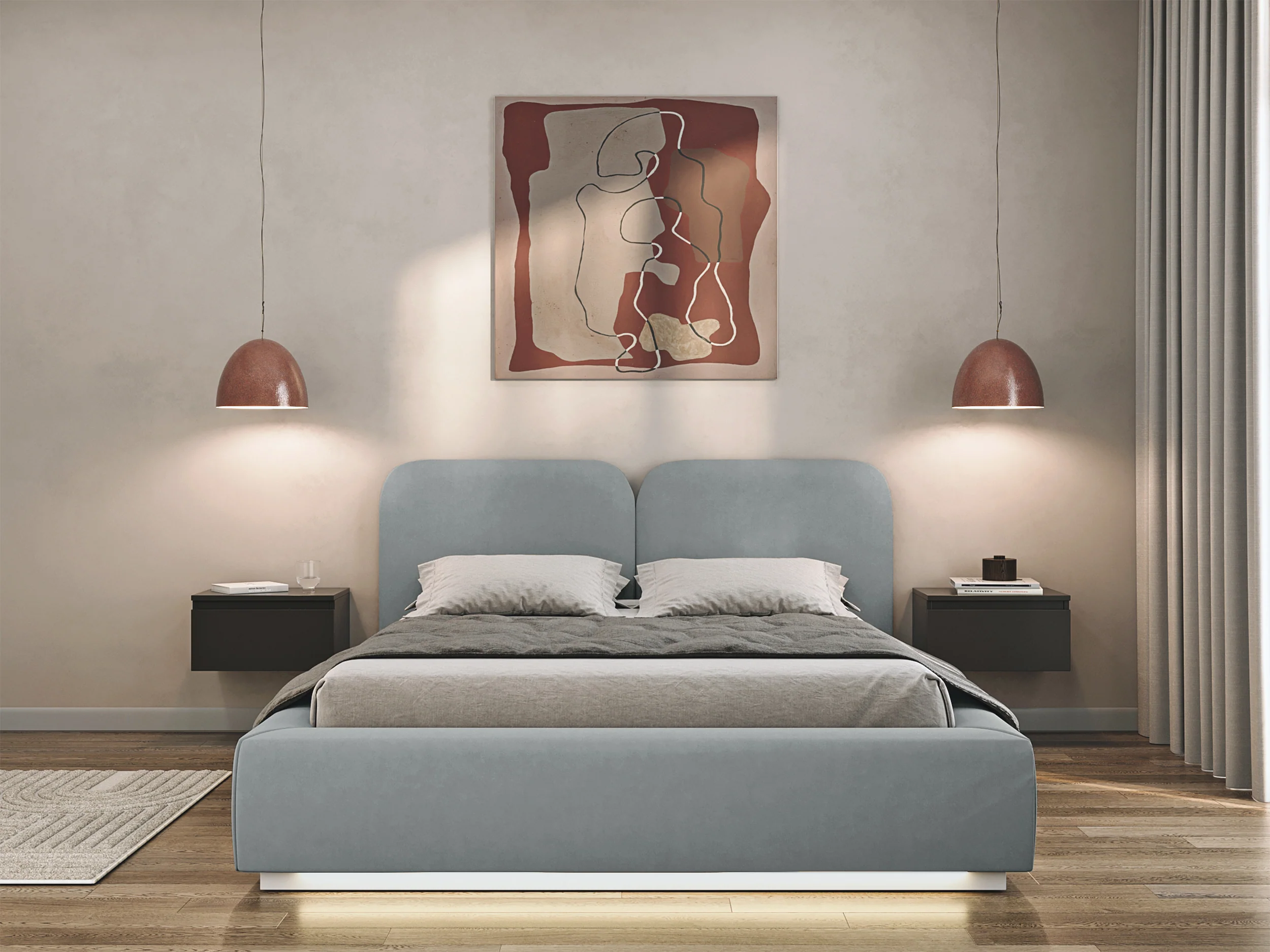Łóżko tapicerowane 180x200 cm Comoves z pojemnikiem i oświetleniem LED stelaż metalowy szare welur - Image 3