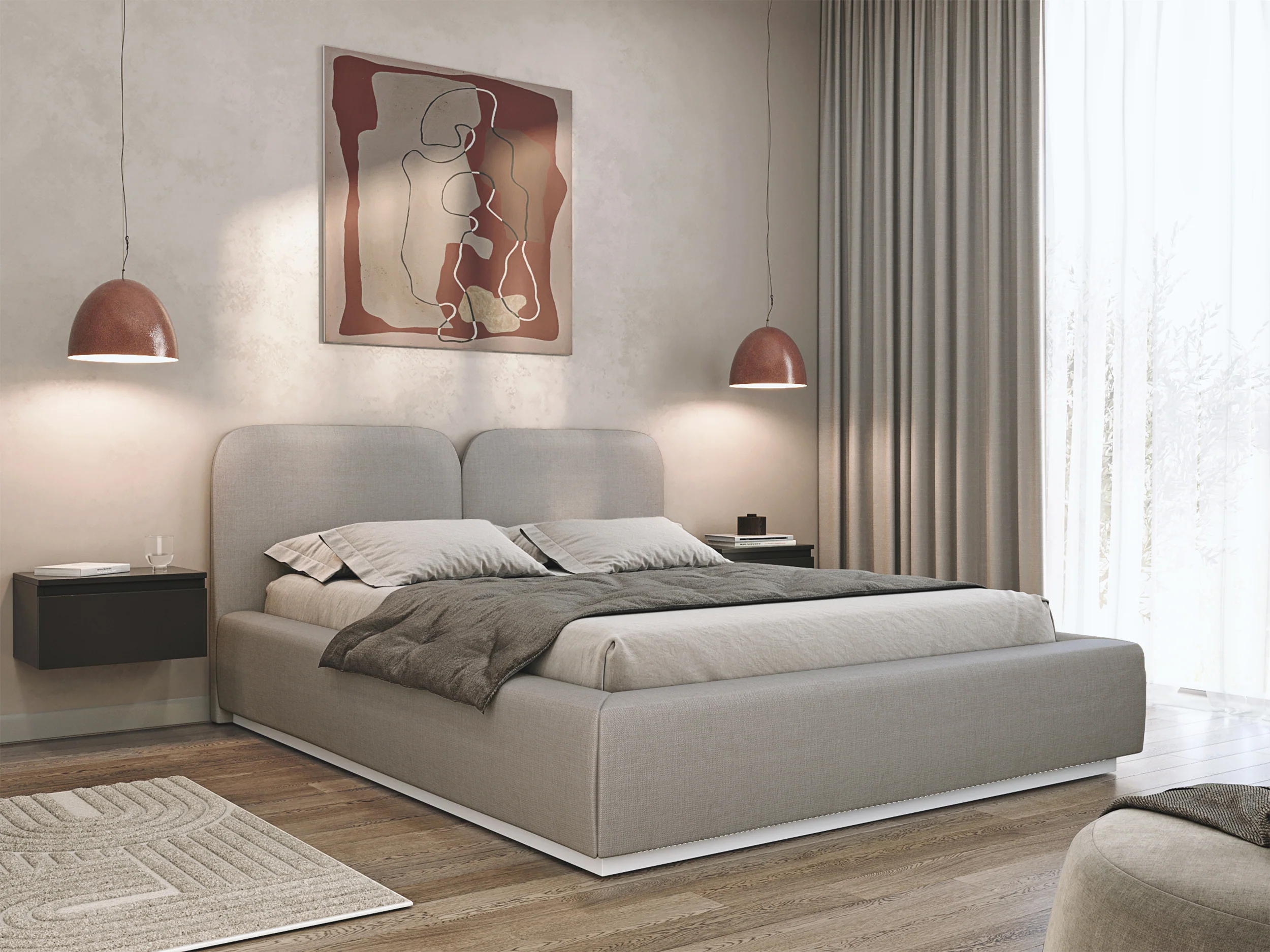 Łóżko tapicerowane 180x200 cm Comoves z pojemnikiem stelaż metalowy ciemnobeżowe szenil - Image 2