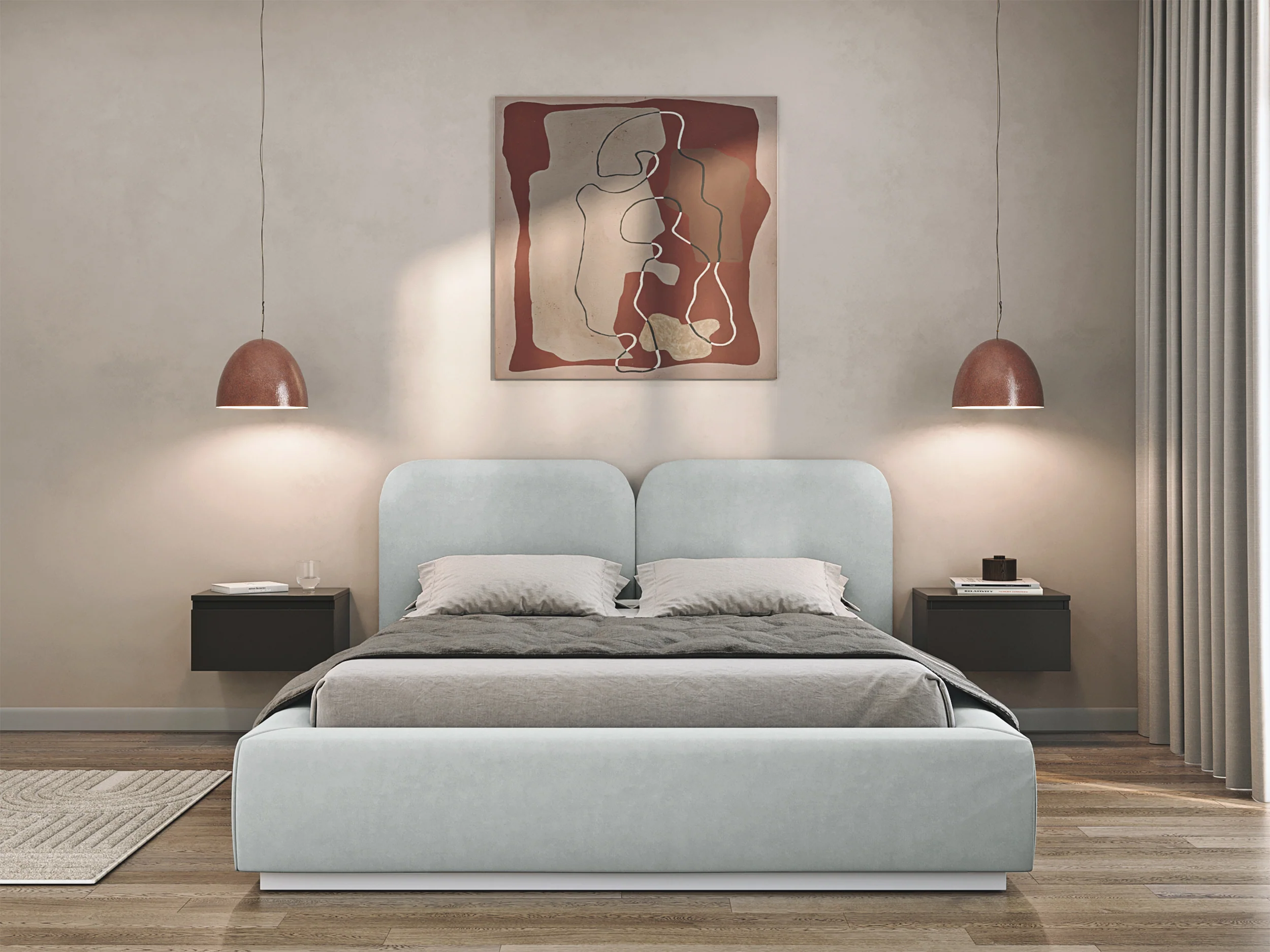 Łóżko tapicerowane 180x200 cm Comoves z pojemnikiem stelaż metalowy jasnoszare welur - Image 3