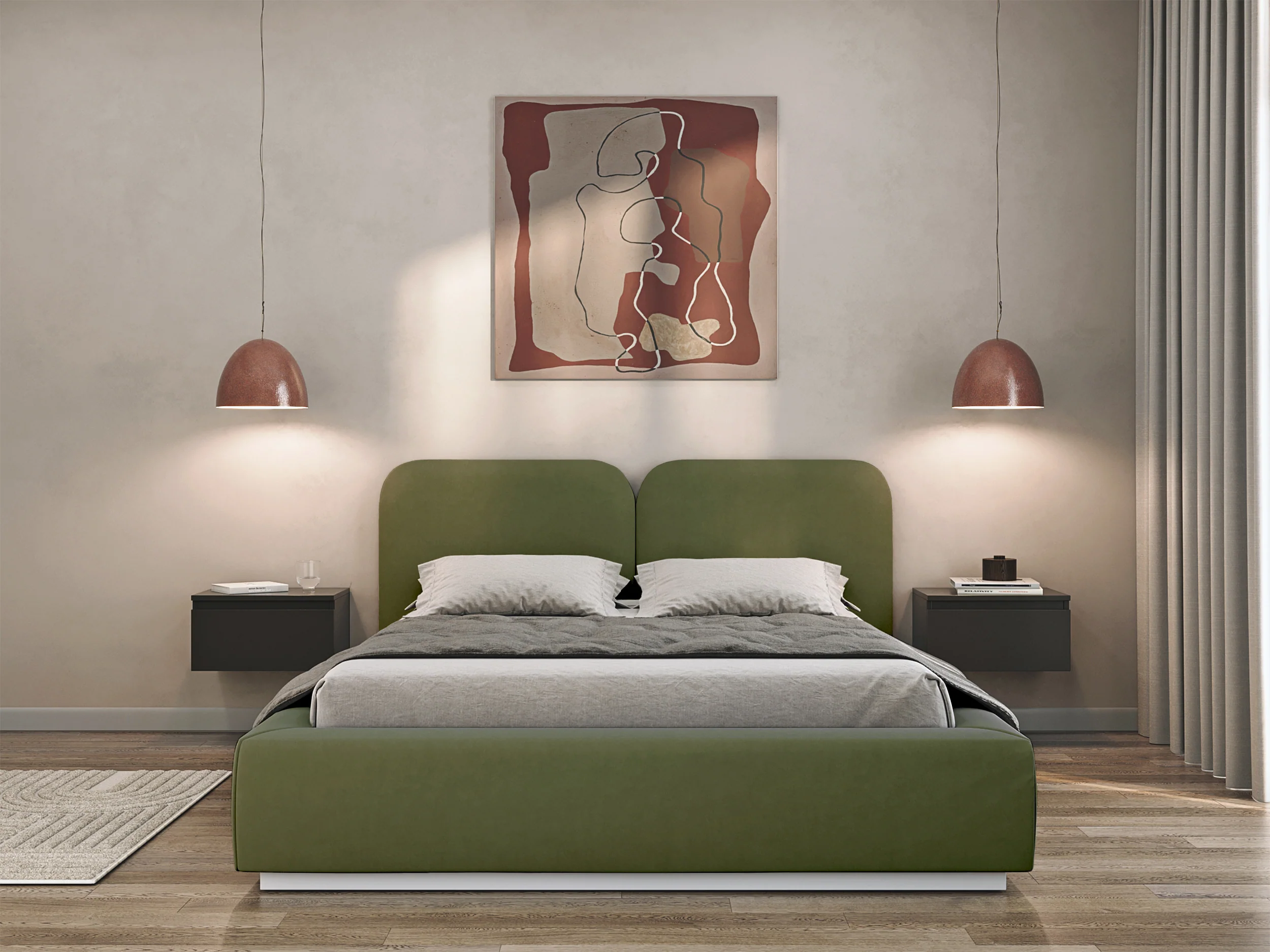 Łóżko tapicerowane 180x200 cm Comoves z pojemnikiem stelaż metalowy oliwkowe welur - Image 3