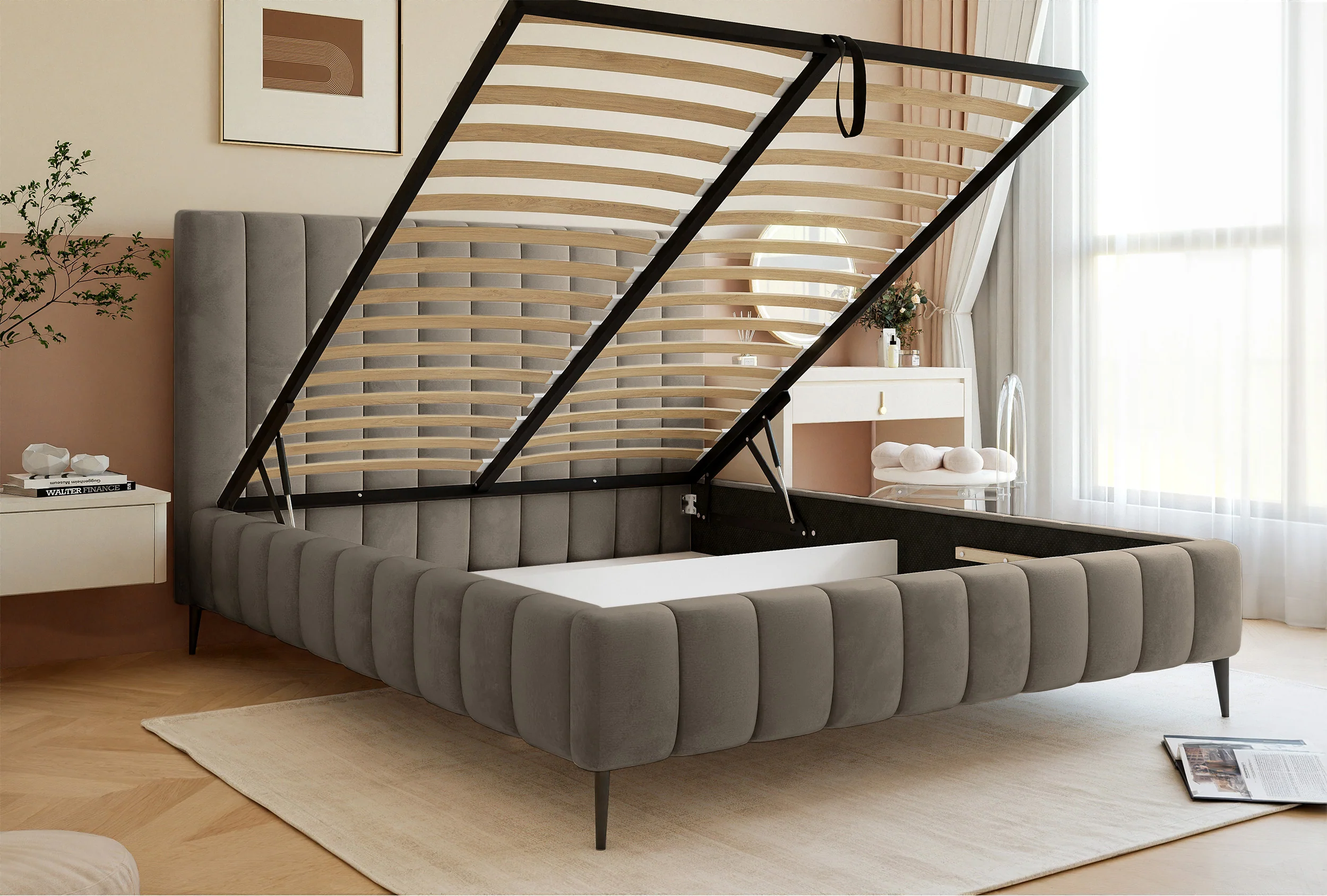 Łóżko tapicerowane 180x200 cm Fiarro z pojemnikiem na pościel szarobeżowe welur stelaż metalowy na wysokich nóżkach - Image 4