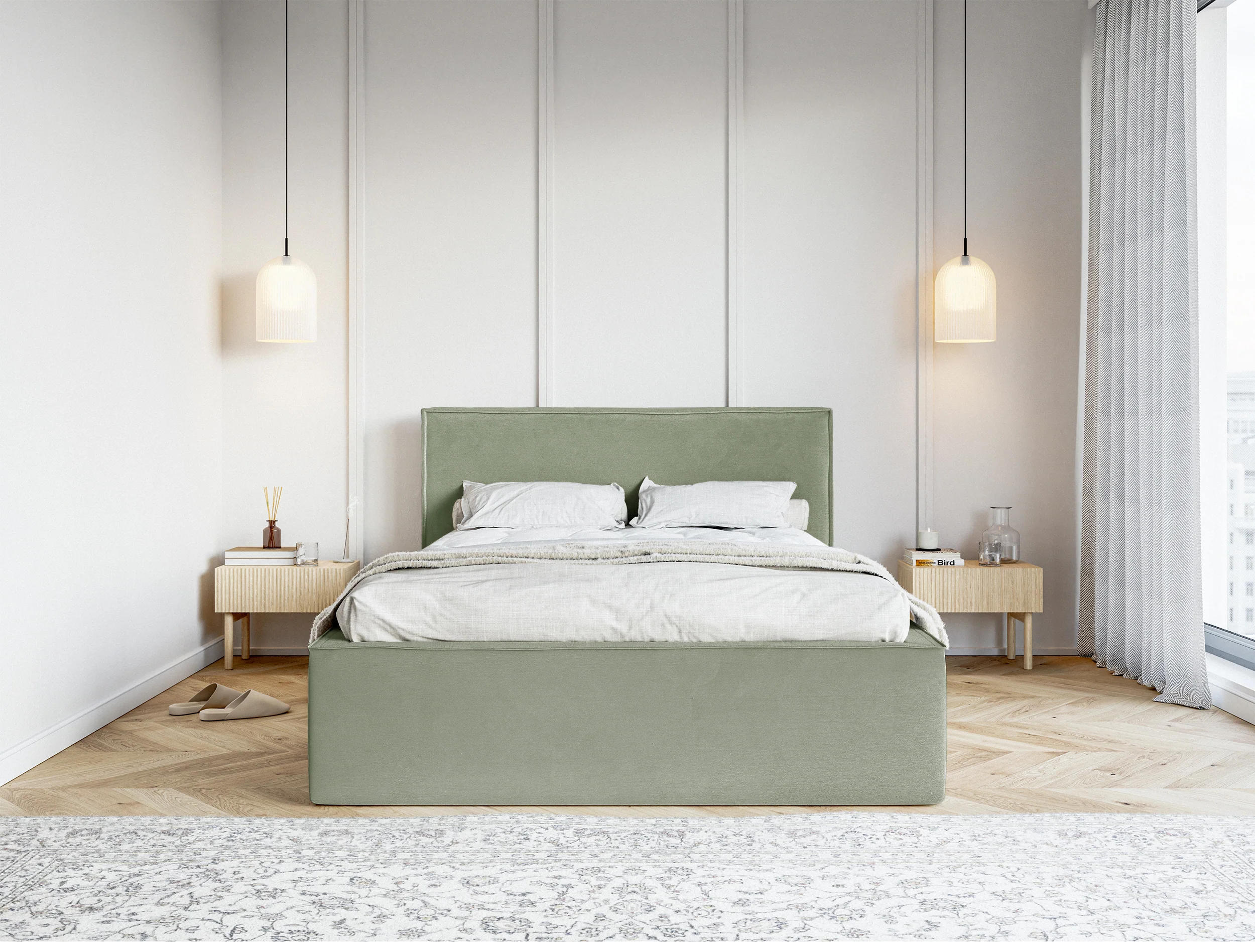 Łóżko tapicerowane 180x200 cm Lucera z pojemnikiem eukaliptusowe welur hydrofobowy - Image 2