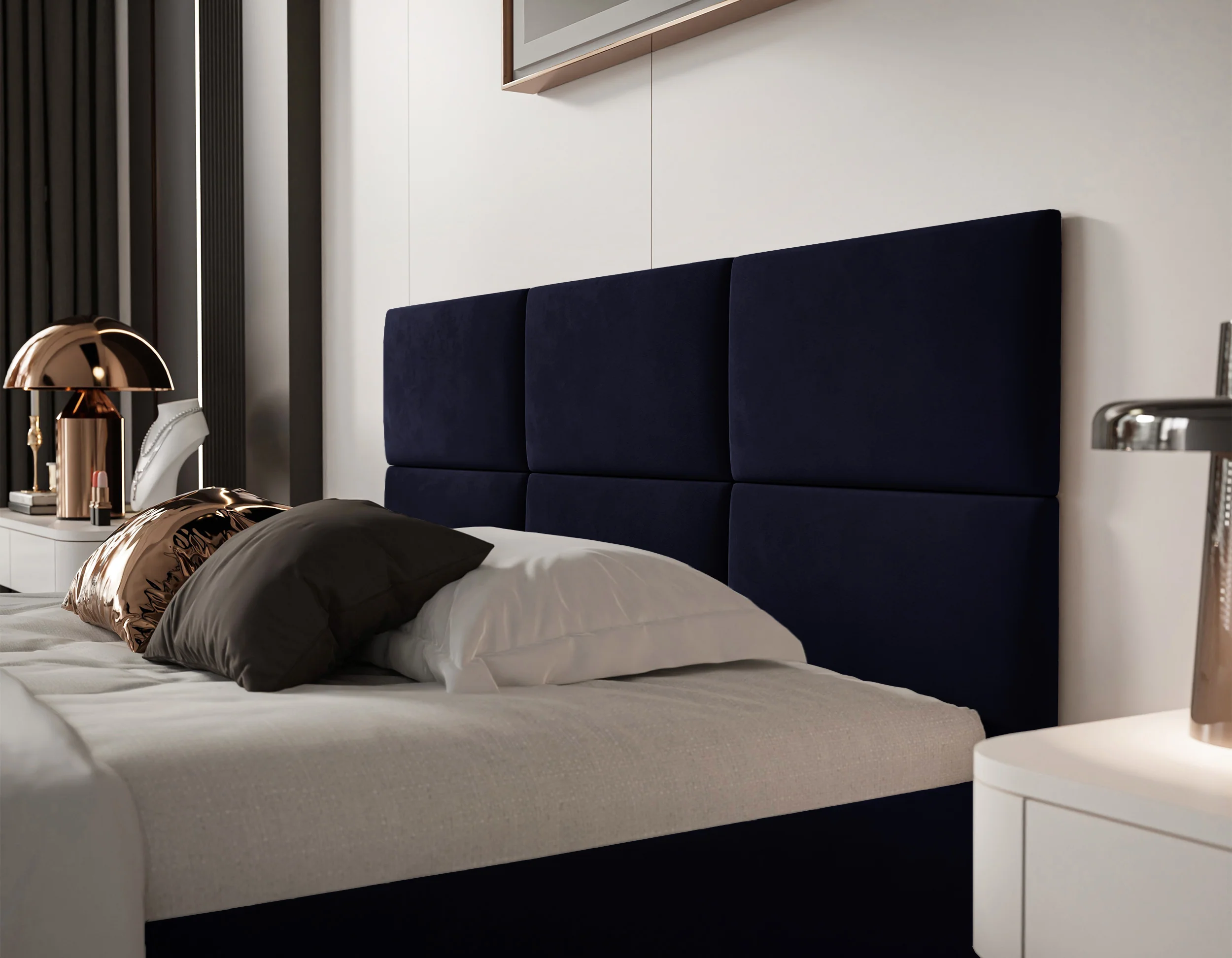 Łóżko tapicerowane 180x200 cm Nestio z pojemnikiem i metalowym stelażem granatowy welur - Image 4