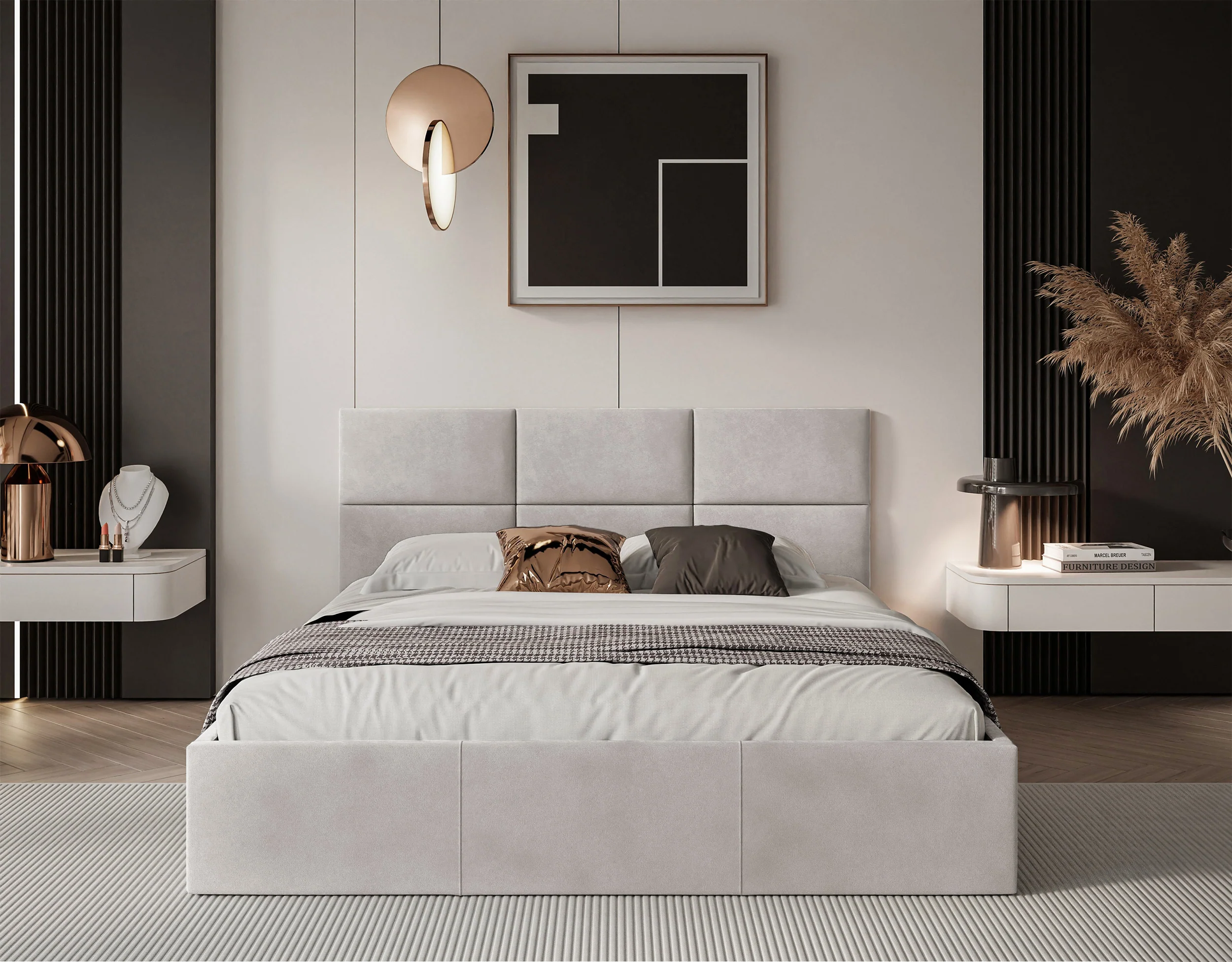 Łóżko tapicerowane 180x200 cm Nestio z pojemnikiem i metalowym stelażem jasnobeżowy welur - Image 3
