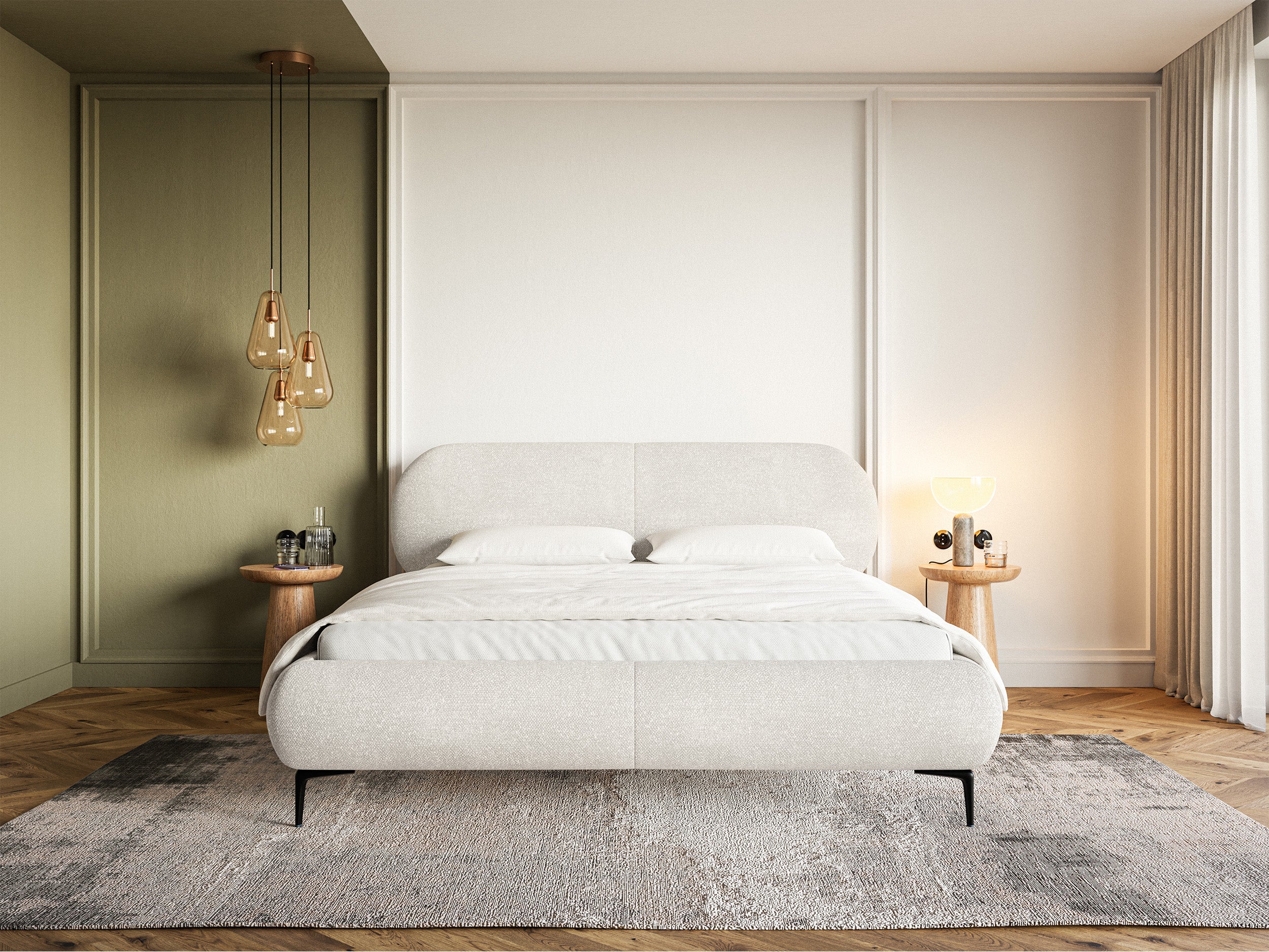 Łóżko tapicerowane 180x200 cm Ovalle kremowe szenil nóżki czarne - Image 2