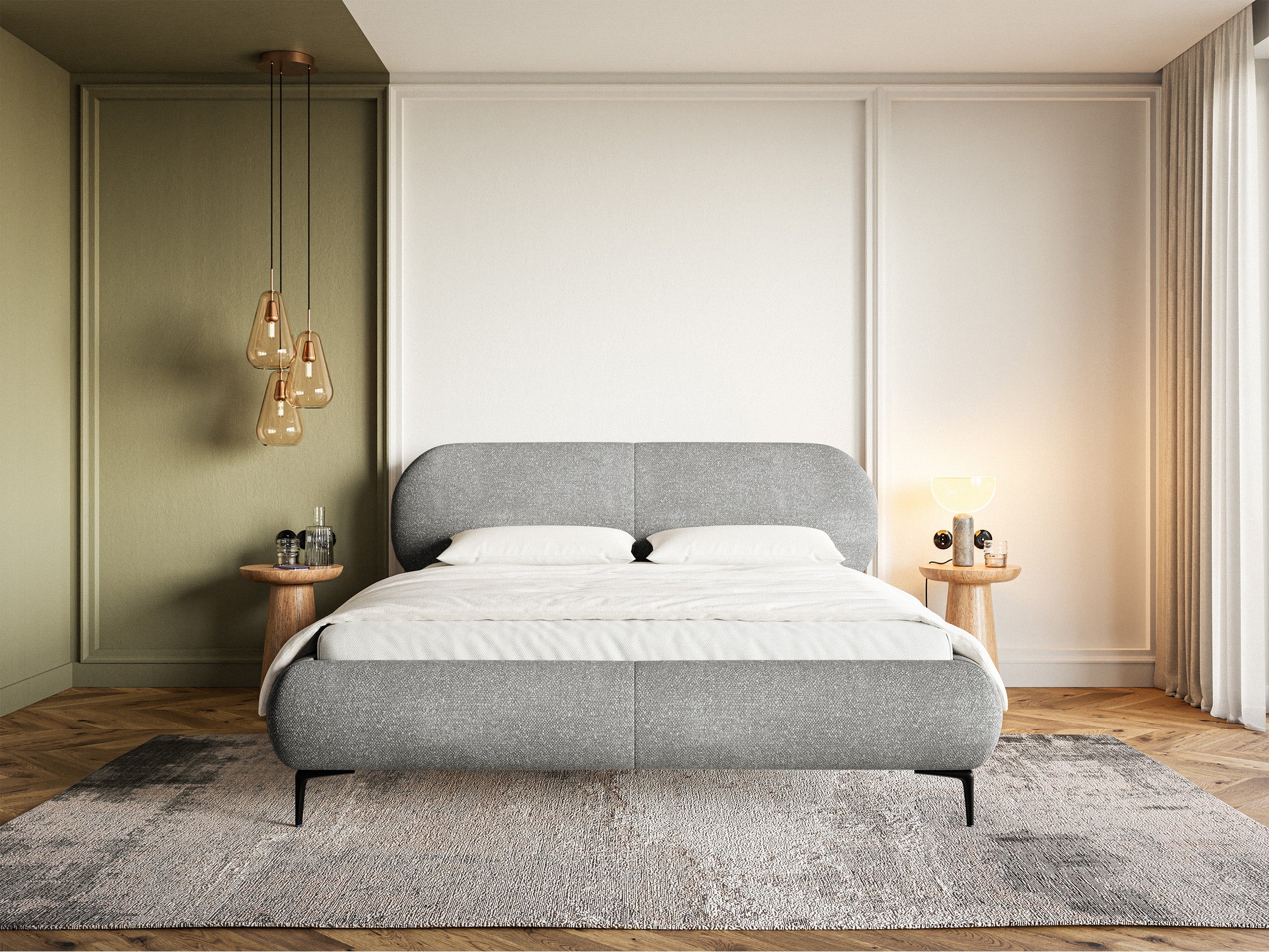 Łóżko tapicerowane 180x200 cm Ovalle z pojemnikiem stelaż metalowy szare szenil nóżki czarne - Image 2