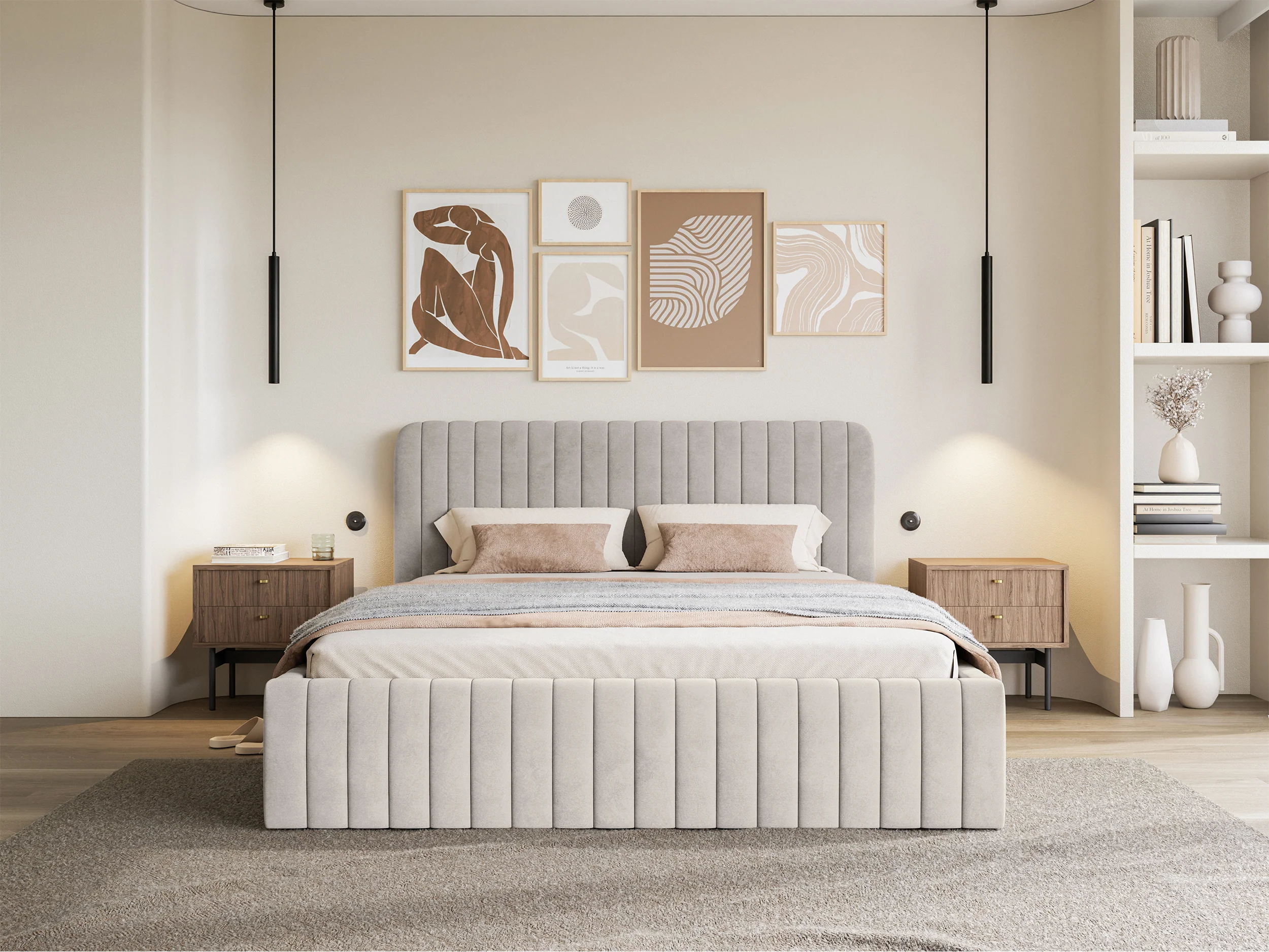 Łóżko tapicerowane 180x200 cm Saliano z pojemnikiem szarobeżowe welur hydrofobowy - Image 3