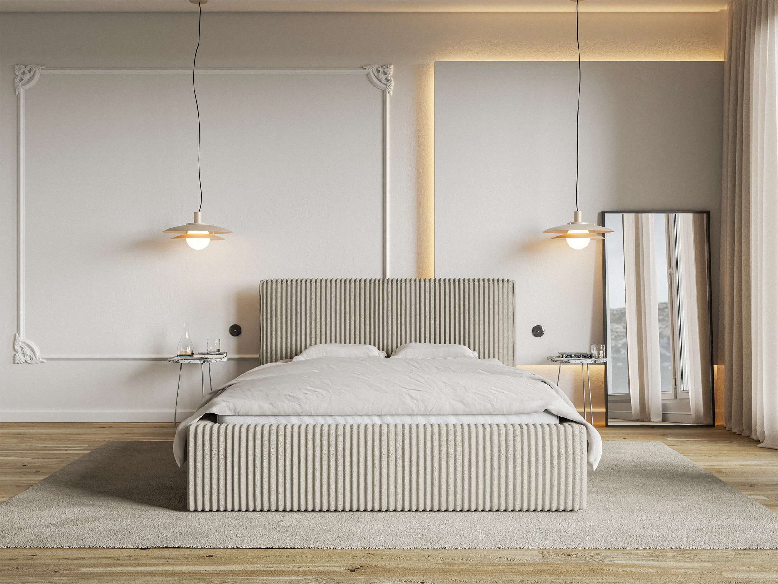 Łóżko tapicerowane 180x200 cm Tilio z pojemnikiem stelaż metalowy jasnobeżowe gruby sztruks - Image 2