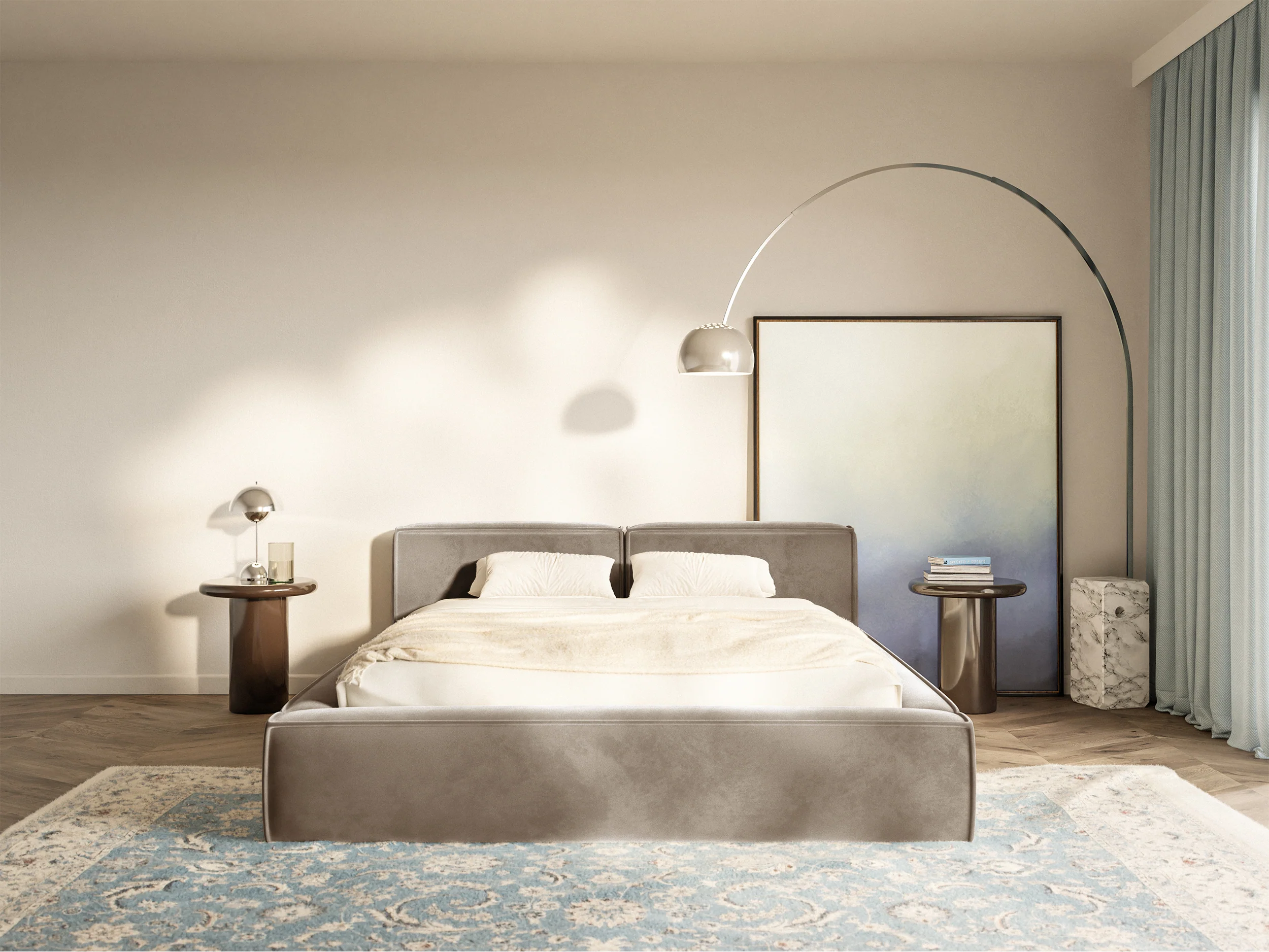 Łóżko tapicerowane 180x200 cm Tilves Slim Low z pojemnikiem stelaż metalowy jasnobrązowe welur - Image 3