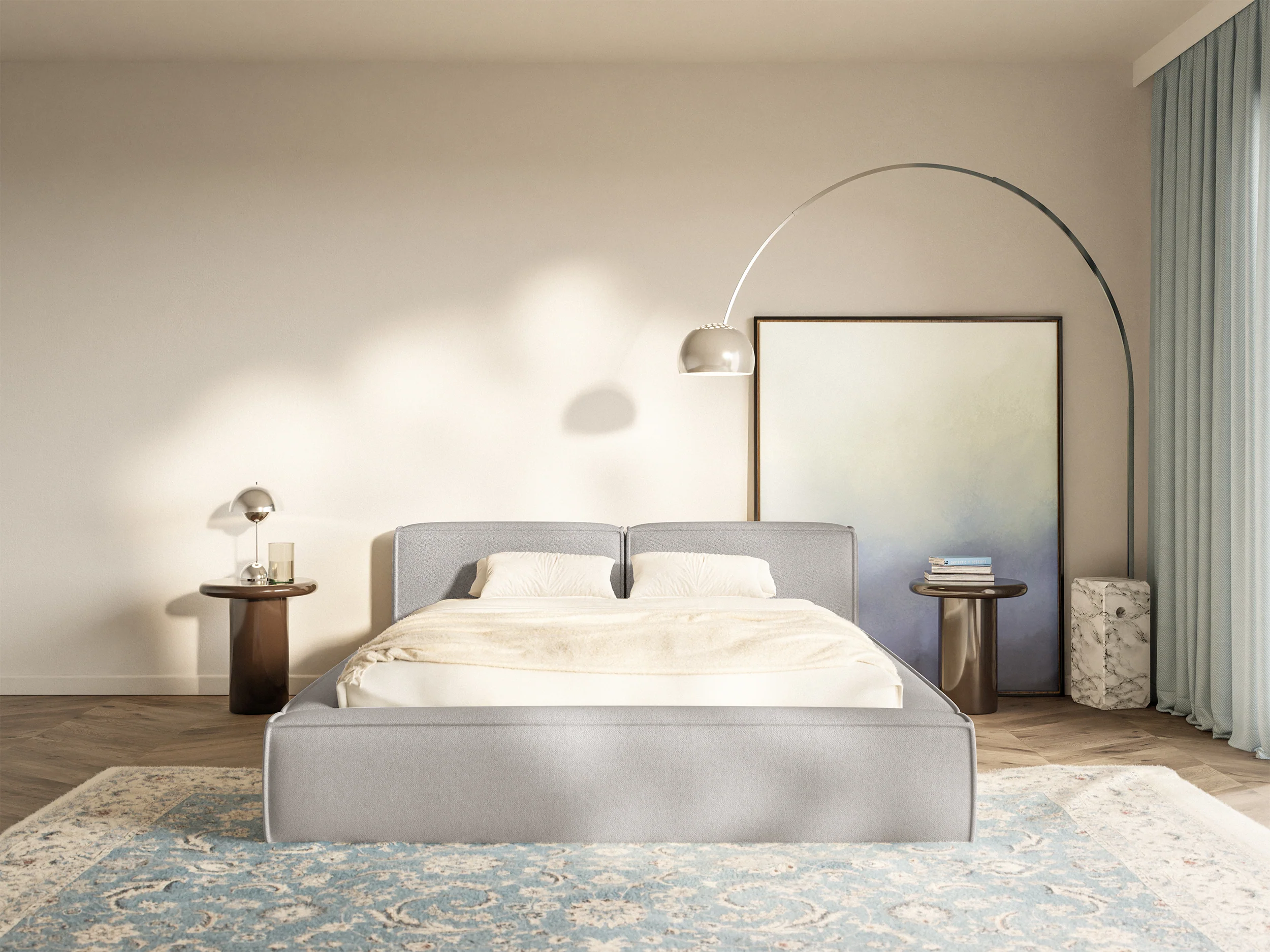 Łóżko tapicerowane 180x200 cm Tilves Slim Low z pojemnikiem stelaż metalowy jasnoszare szenil - Image 3