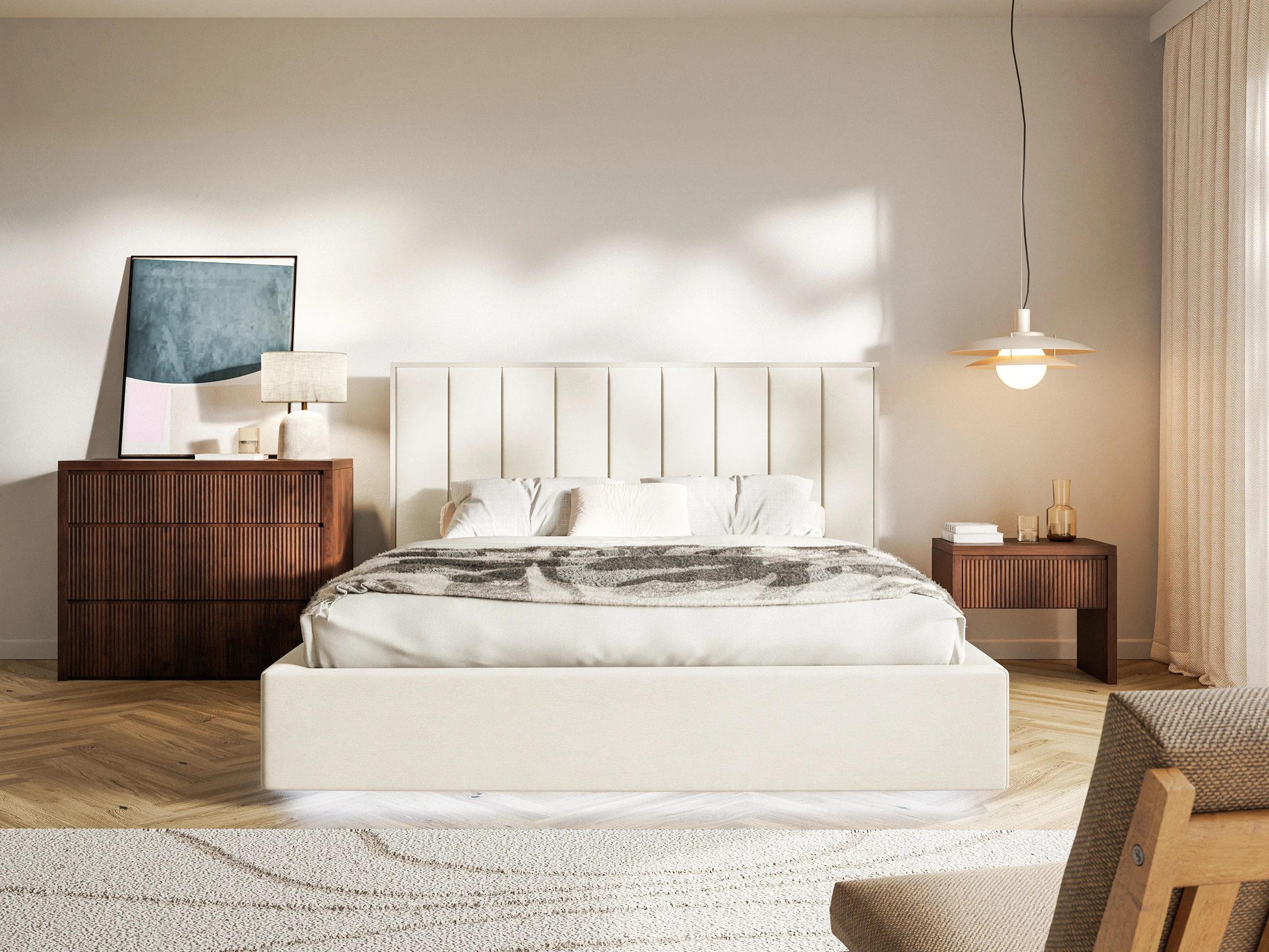 Łóżko tapicerowane 180x200 cm Togents z pojemnikiem i oświetleniem LED stelaż metalowy kremowe welur hydrofobowy - Image 3