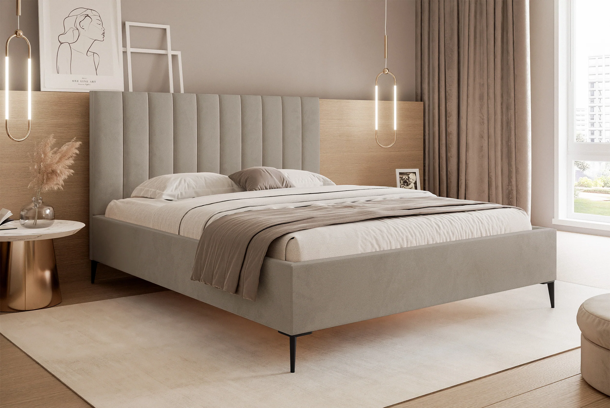 Łóżko tapicerowane 180x200 cm Veloro z pojemnikiem ciemnobeżowe welur stelaż metalowy na wysokich nóżkach - Image 2