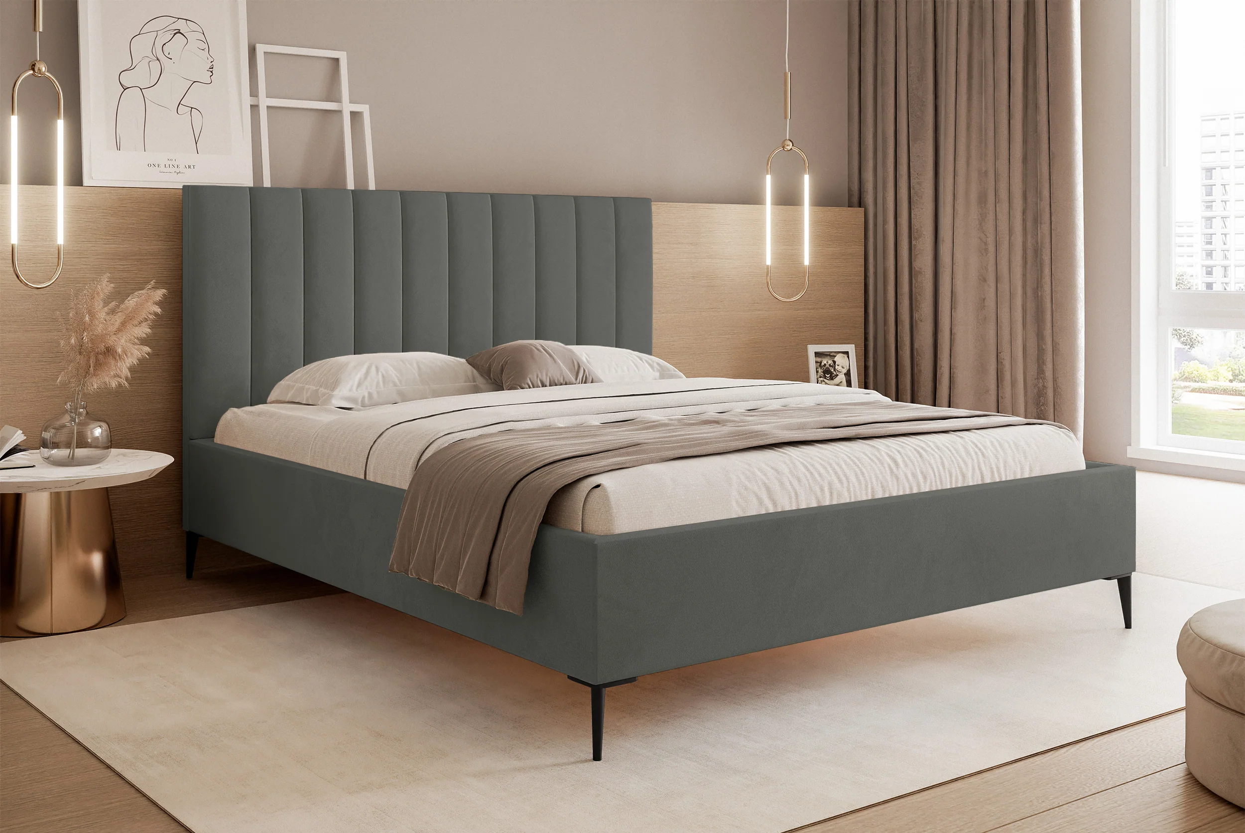 Łóżko tapicerowane 180x200 cm Veloro z pojemnikiem ciemnoszare welur stelaż metalowy na wysokich nóżkach - Image 2