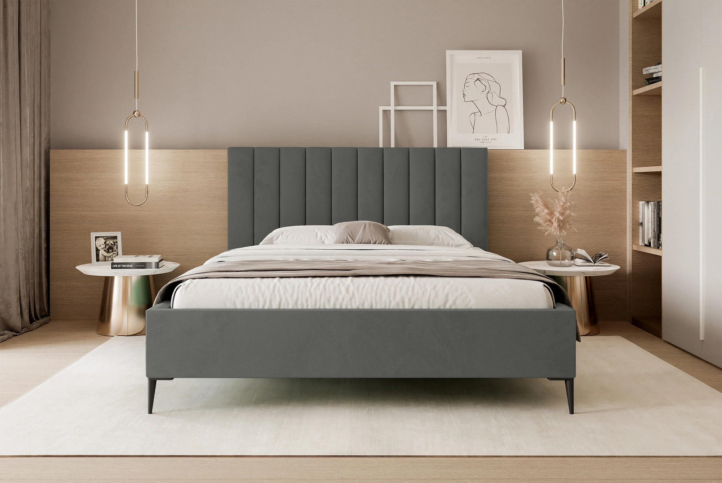 Łóżko tapicerowane 180x200 cm Veloro z pojemnikiem ciemnoszare welur stelaż metalowy na wysokich nóżkach - Image 3