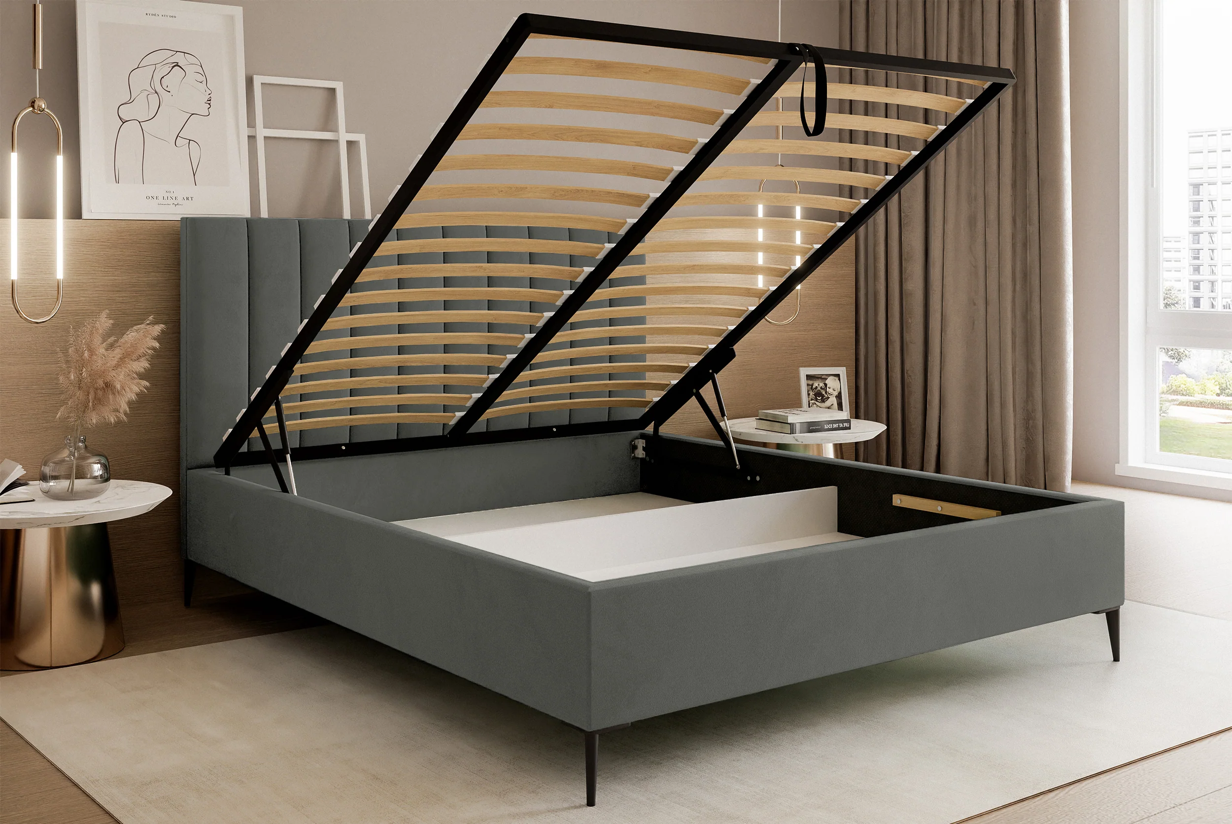 Łóżko tapicerowane 180x200 cm Veloro z pojemnikiem ciemnoszare welur stelaż metalowy na wysokich nóżkach - Image 4