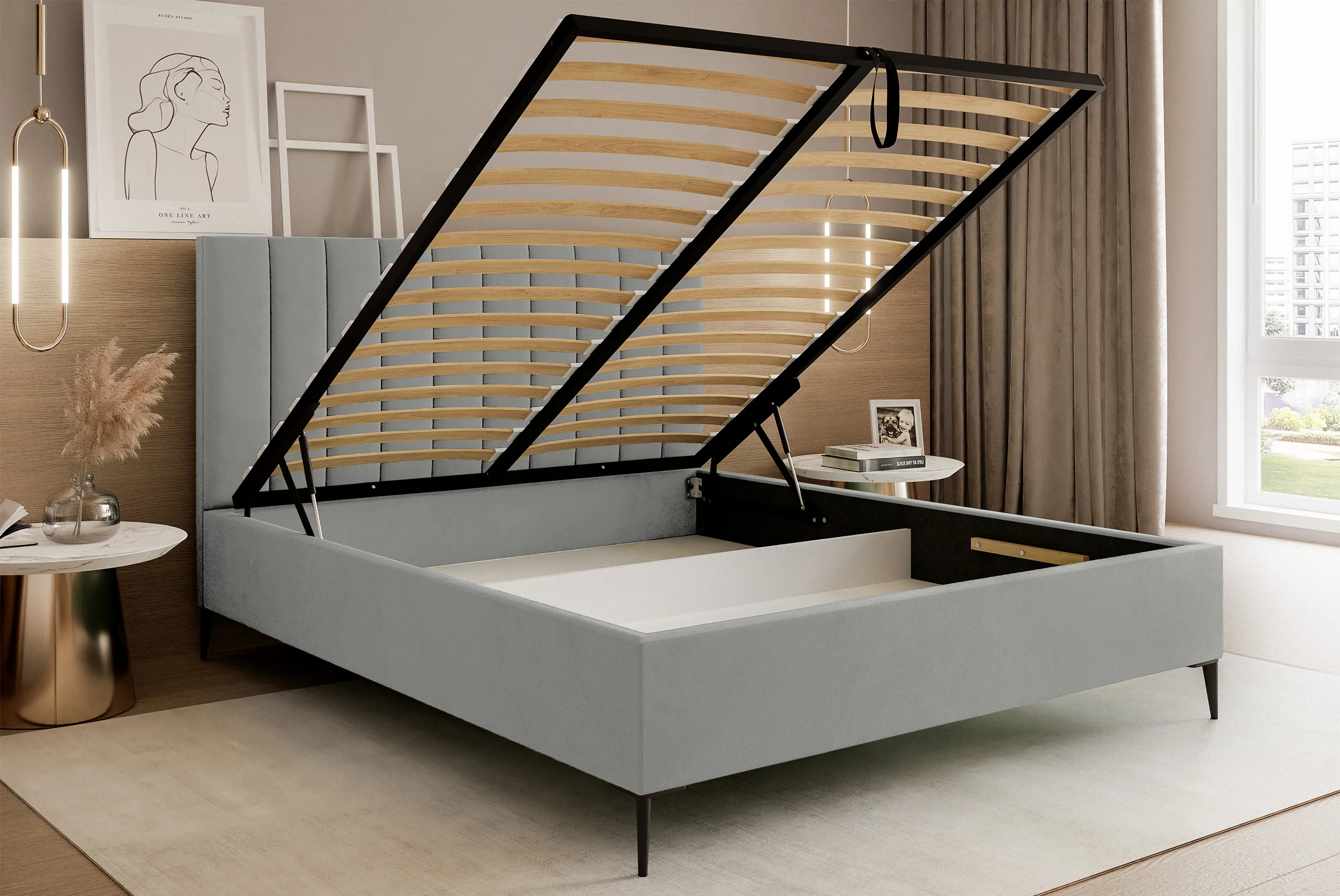 Łóżko tapicerowane 180x200 cm Veloro z pojemnikiem jasnoszare welur stelaż metalowy na wysokich nóżkach - Image 4