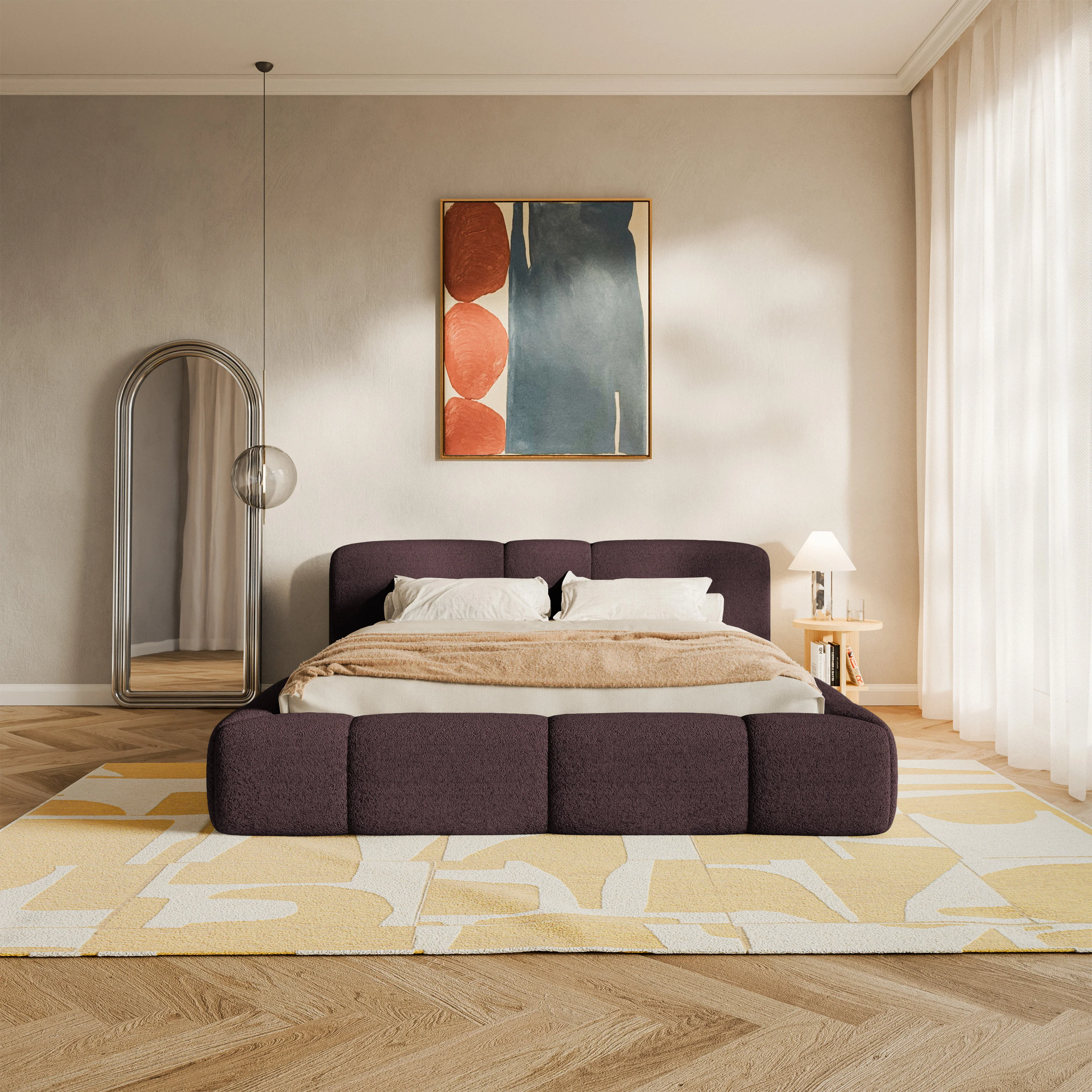 Łóżko tapicerowane 200x200 cm Bowia burgundowe plusz - Image 5