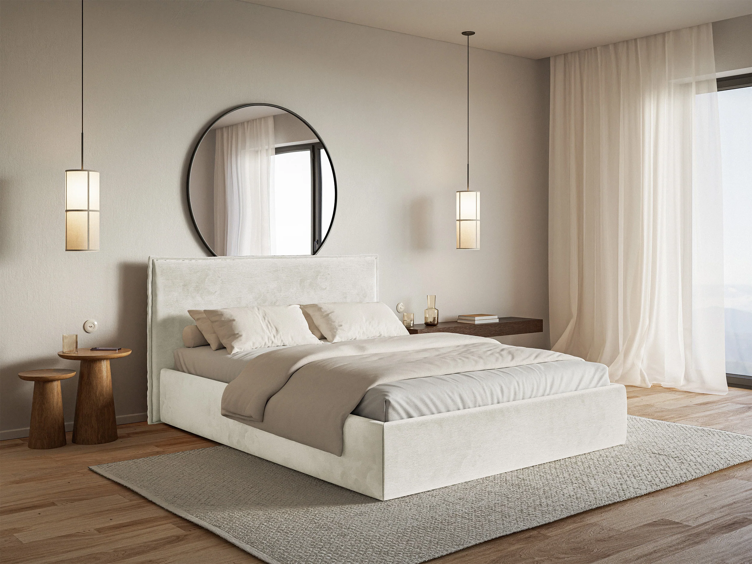 Łóżko tapicerowane 200x200 cm Softie Slim szarobeżowe welur hydrofobowy - Image 2