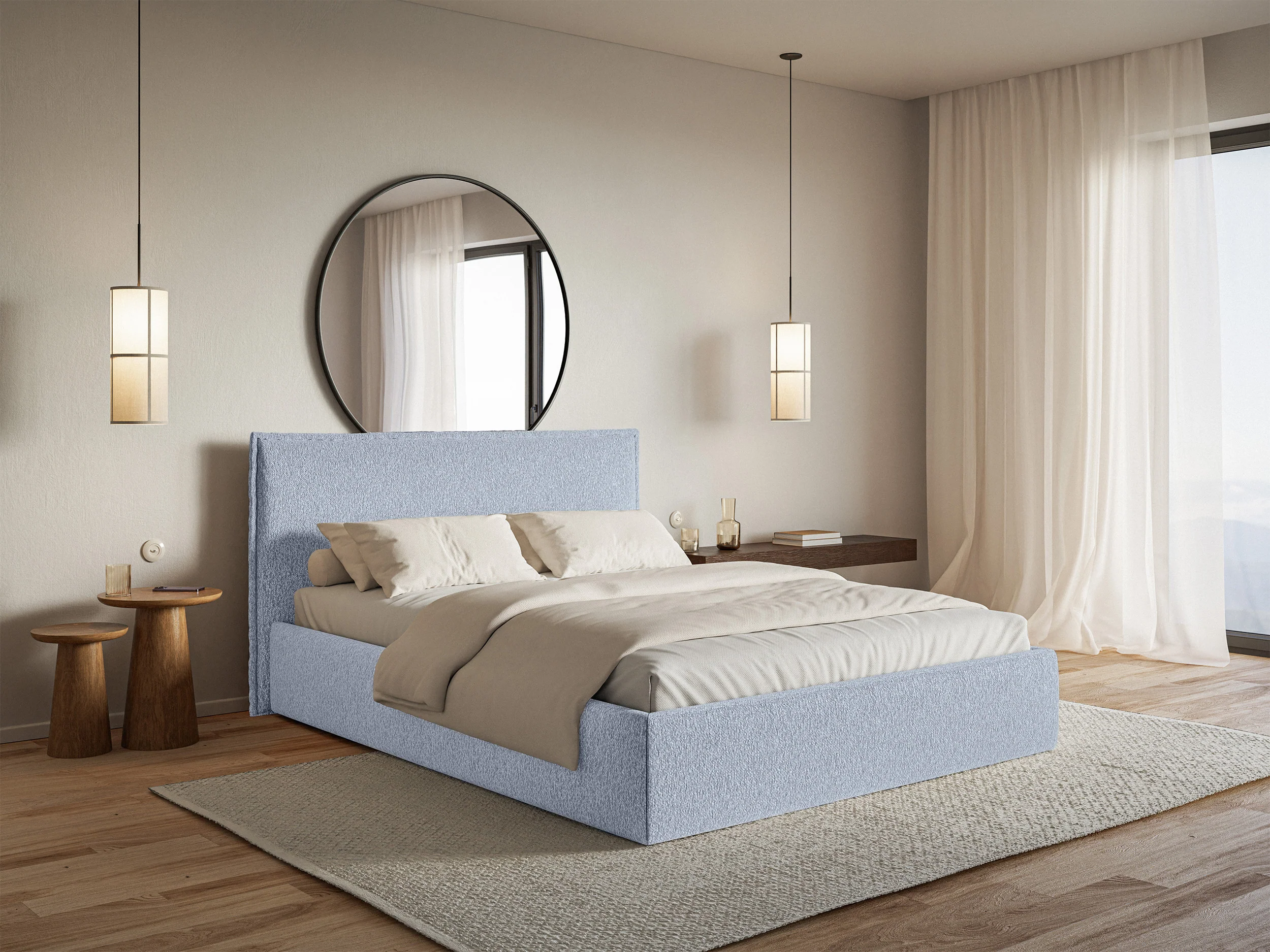 Łóżko tapicerowane 200x200 cm Softie Slim z pojemnikiem błękitne szenil stelaż metalowy - Image 2
