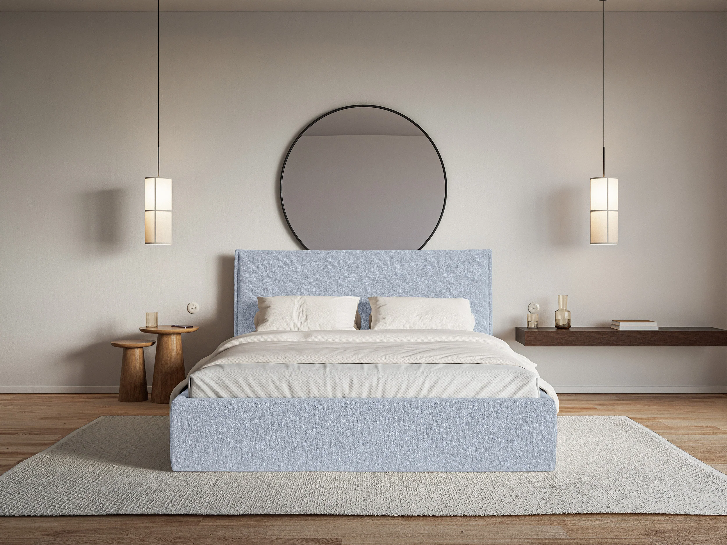 Łóżko tapicerowane 200x200 cm Softie Slim z pojemnikiem błękitne szenil stelaż metalowy - Image 3