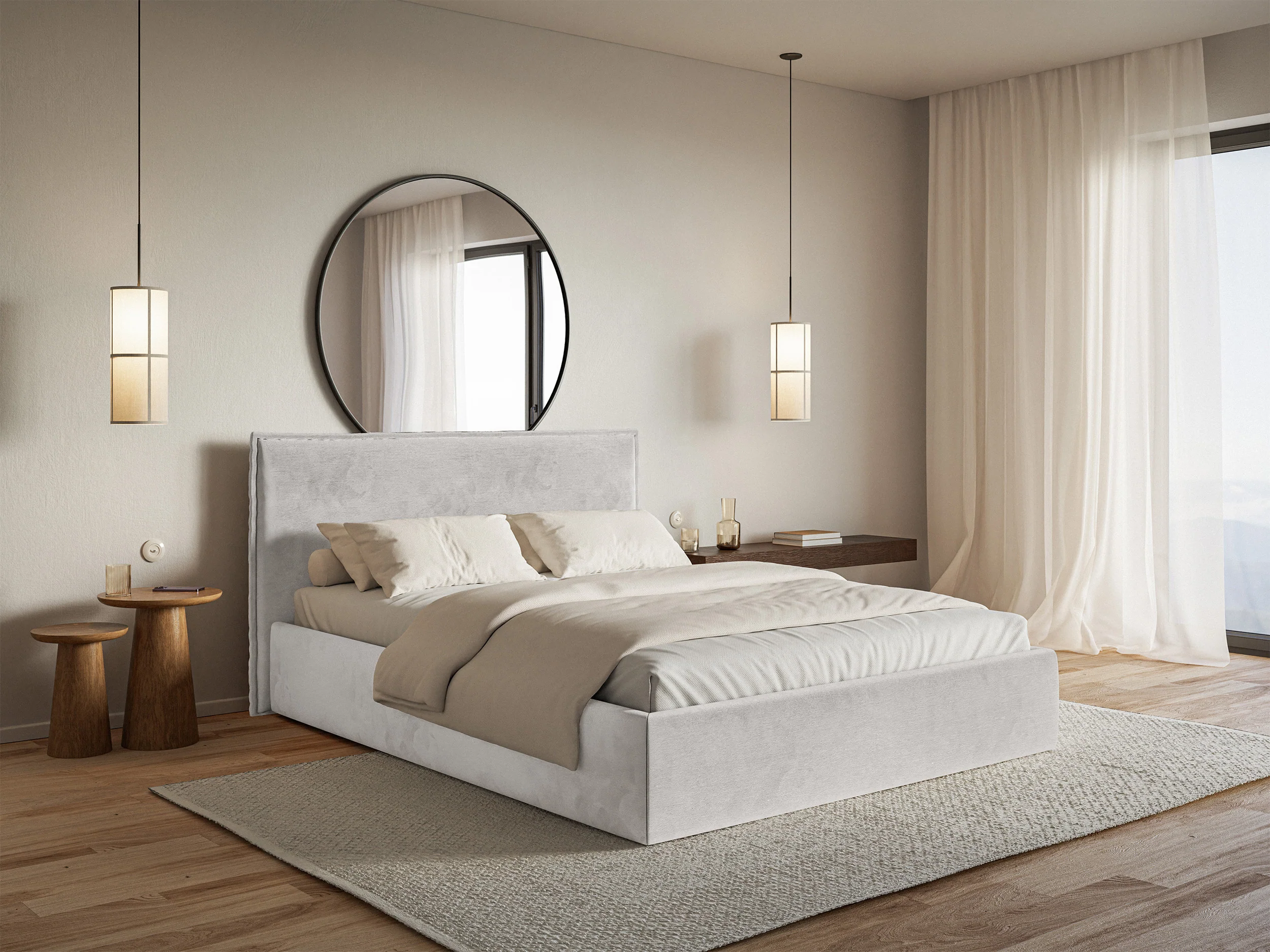 Łóżko tapicerowane 200x200 cm Softie Slim z pojemnikiem jasnoszare welur hydrofobowy stelaż metalowy - Image 2