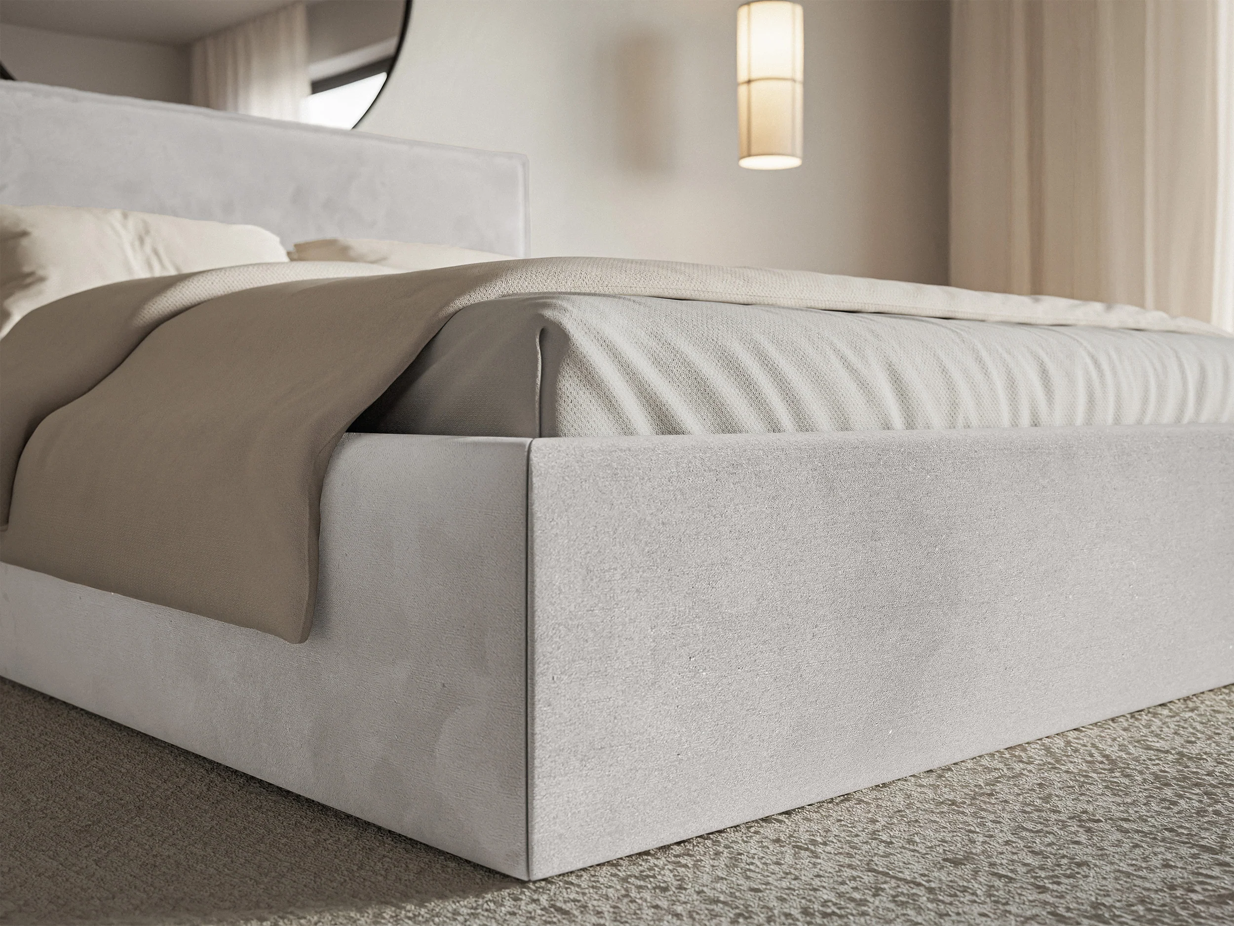 Łóżko tapicerowane 200x200 cm Softie Slim z pojemnikiem jasnoszare welur hydrofobowy stelaż metalowy - Image 5