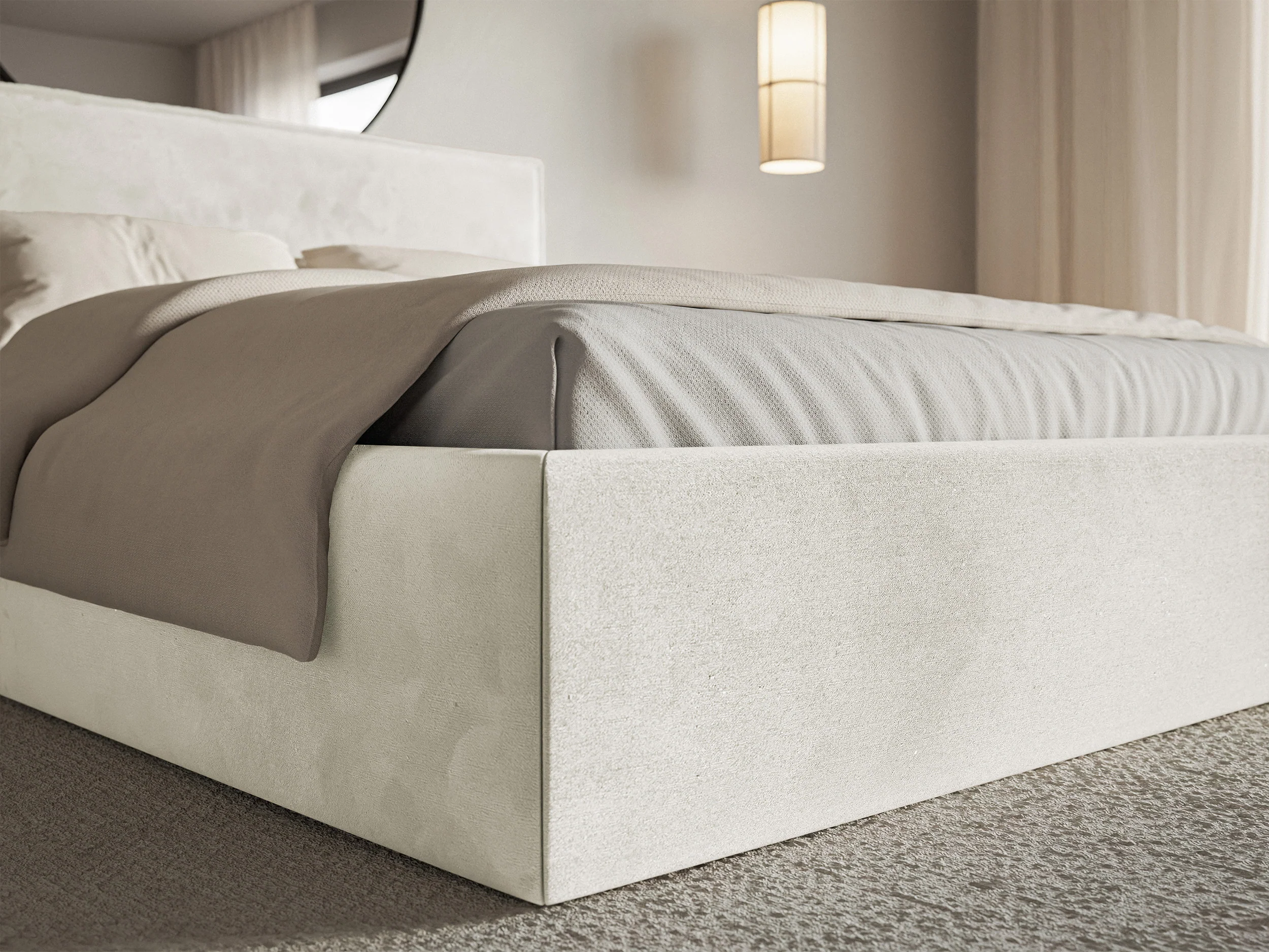 Łóżko tapicerowane 200x200 cm Softie Slim z pojemnikiem szarobeżowe welur hydrofobowy stelaż metalowy - Image 5