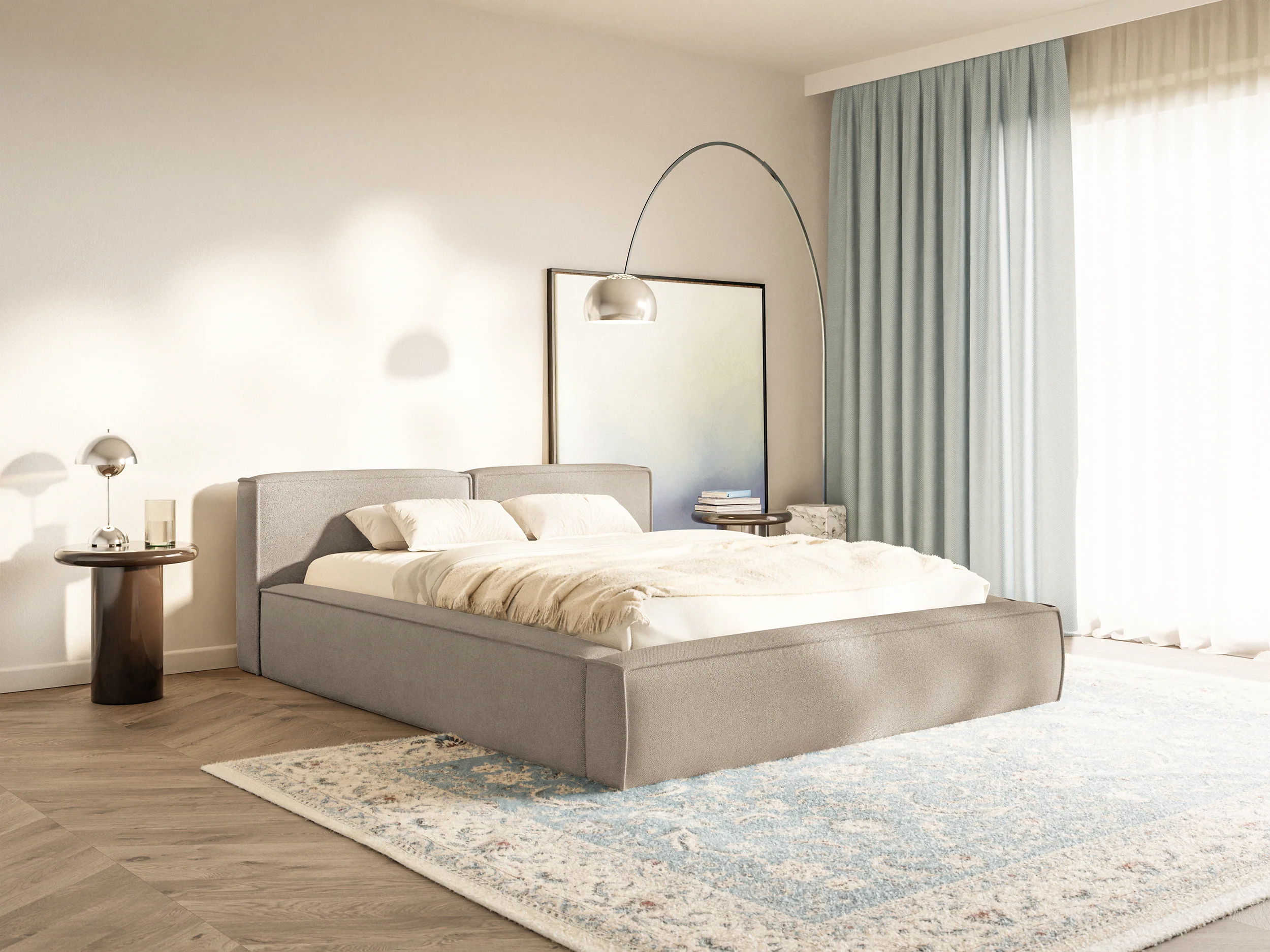 Łóżko tapicerowane 200x200 cm Tilves Slim Low z pojemnikiem stelaż metalowy beżowe szenil - Image 2