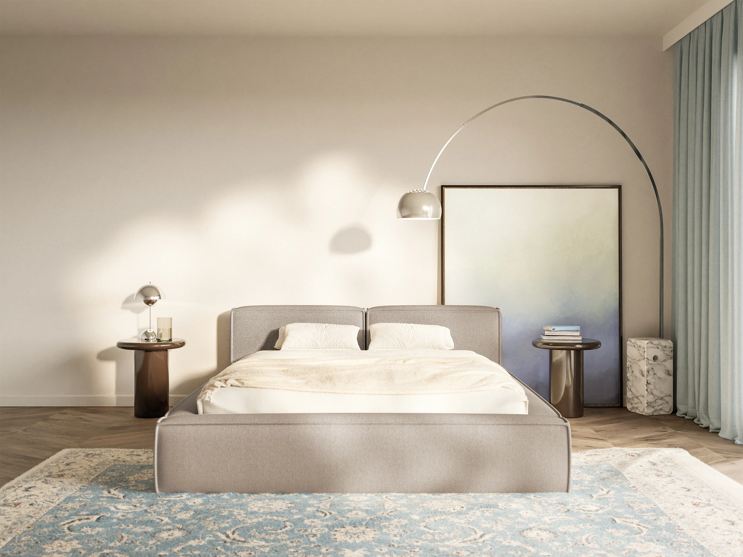 Łóżko tapicerowane 200x200 cm Tilves Slim Low z pojemnikiem stelaż metalowy beżowe szenil - Image 3