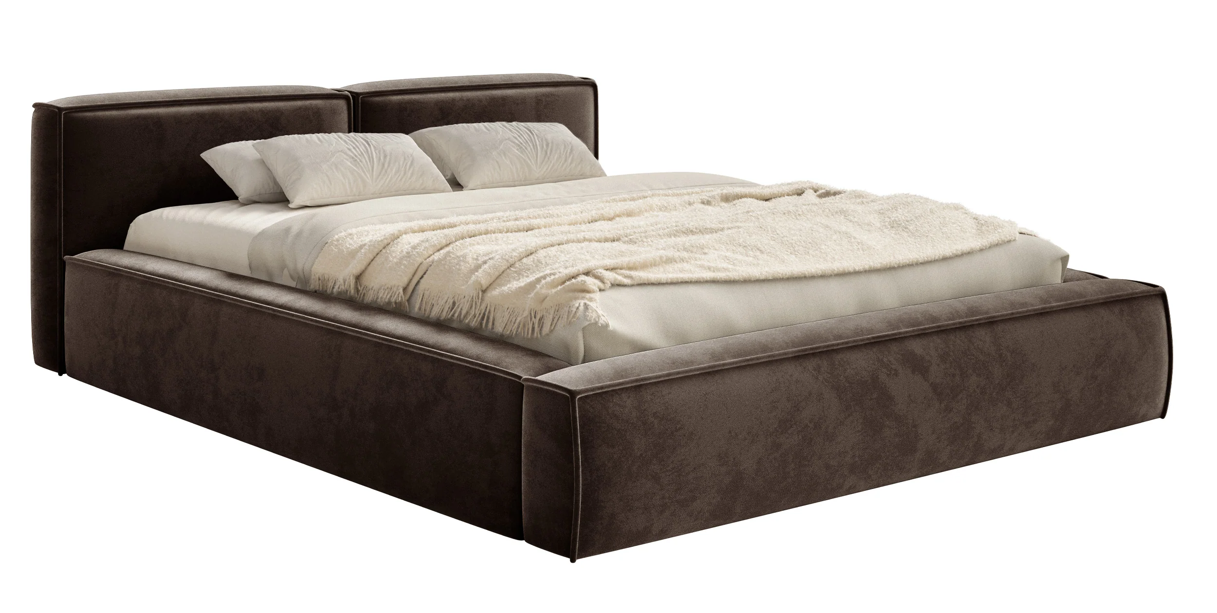 Łóżko tapicerowane 200x200 cm Tilves Slim Low z pojemnikiem stelaż metalowy brązowe welur